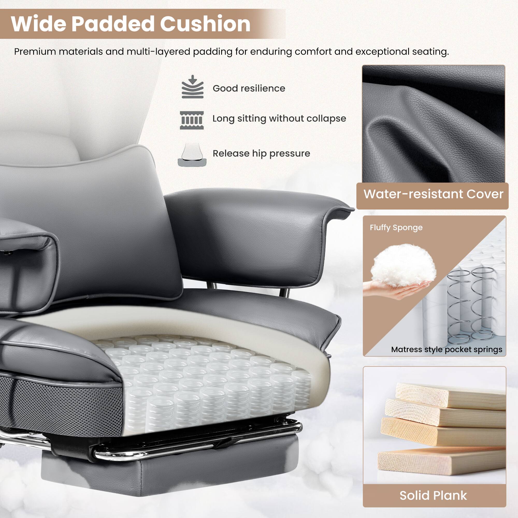 Wide Padded Cushion: Premium materials and multi-layered padding for enduring comfort and exceptional seating. Good resilience, long sitting without collapse, release hip pressure, water-resistant cover, fluffy sponge, matress style pocket springs, solid plank.