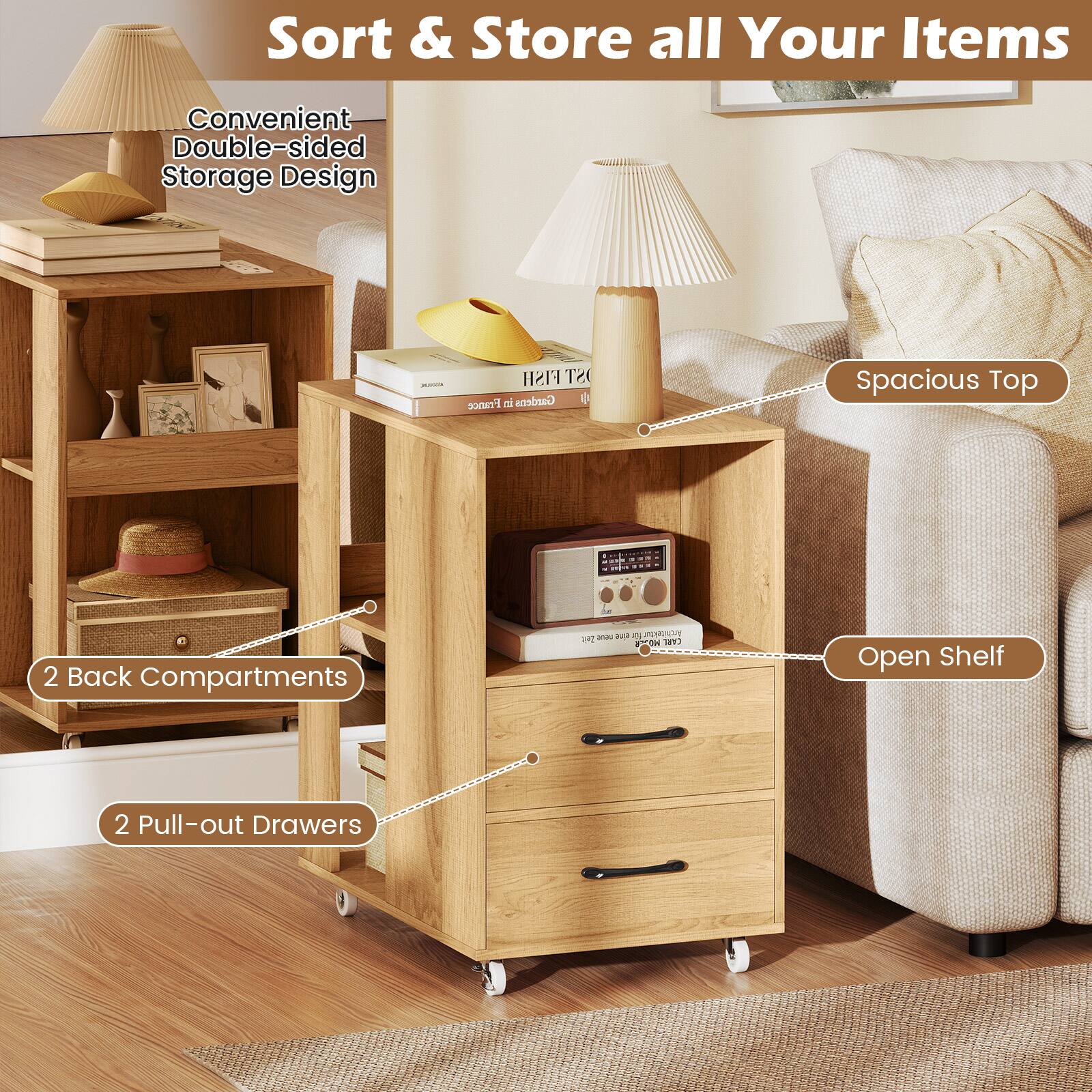 Sort & Store all Your Items

Convenient Double-sided Storage Design

- Spacious Top
- 2 Back Compartments
- 2 Pull-out Drawers
- Open Shelf