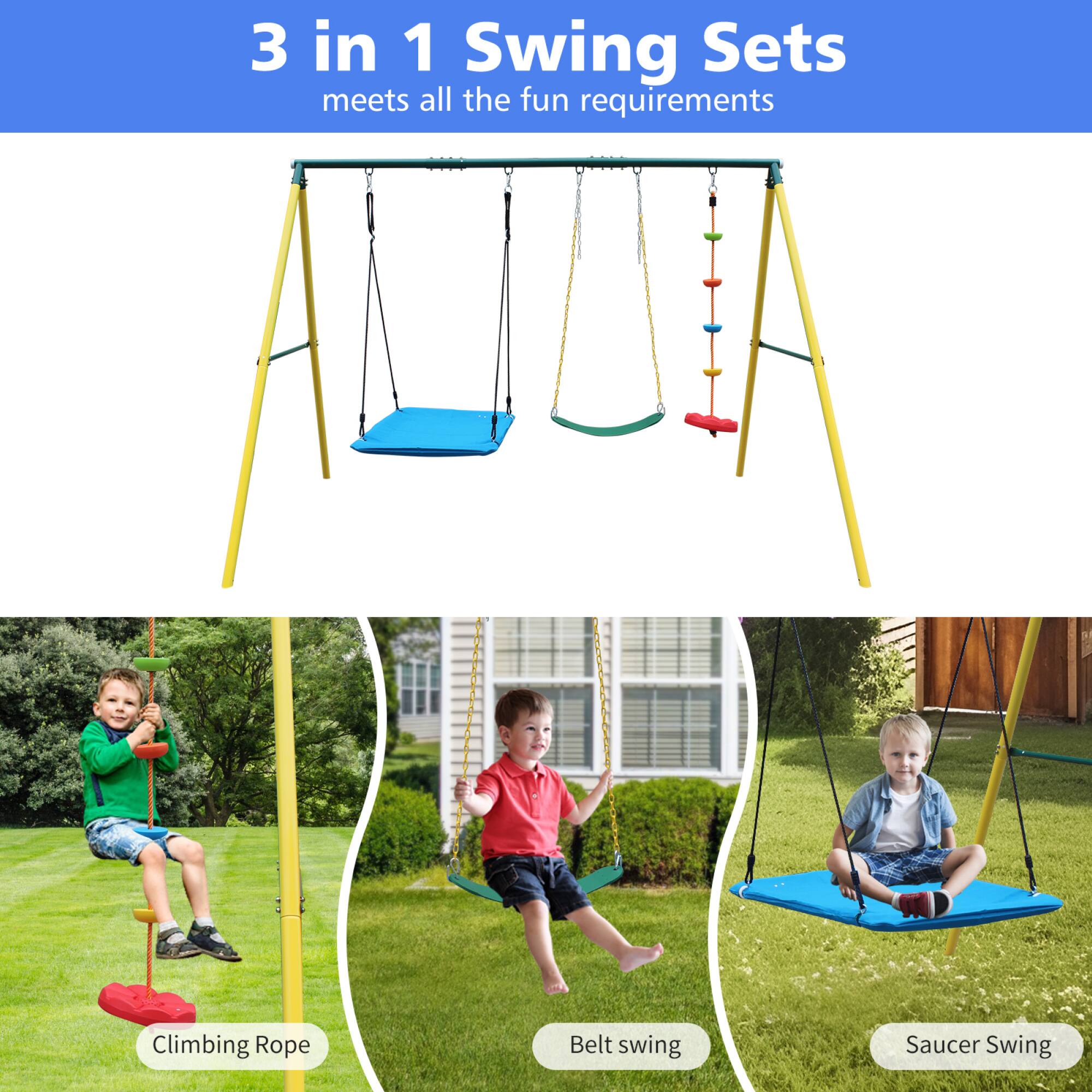 3 in 1 Swing Sets  
meets all the fun requirements  

Climbing Rope  
Belt swing  
Saucer Swing