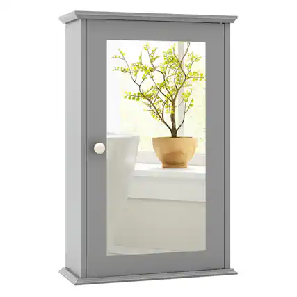 Front. Pefilos - Bathroom Wall Cabinet with Single Mirror Door-Gray, Bathroom Cabinet for Bathroom Laundry Room Kitchen - Gray.