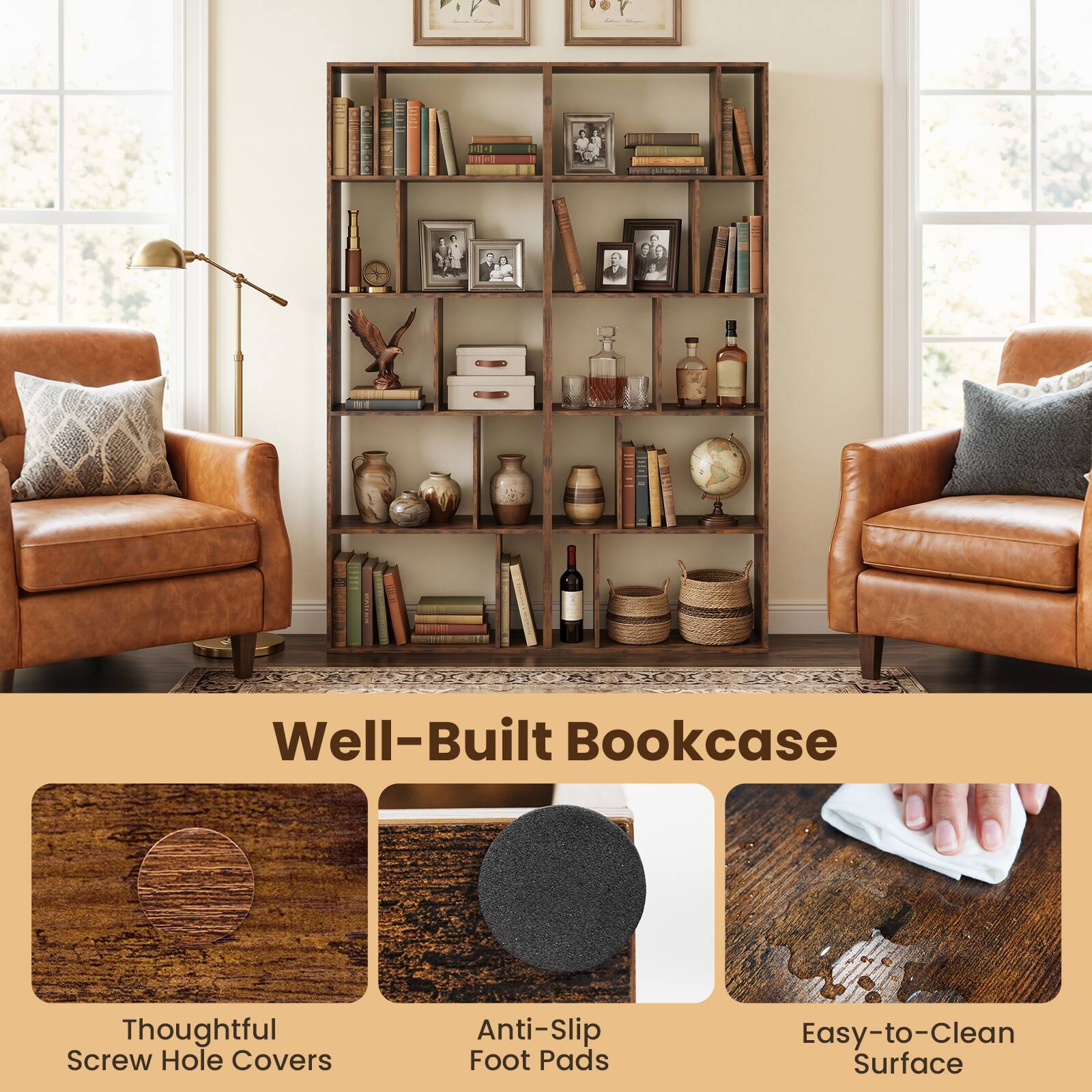 PIY A - Well-Built Bookcase Thoughtful Screw Hole Covers Anti-Slip Foot Pads Easy-to-Clean Surface