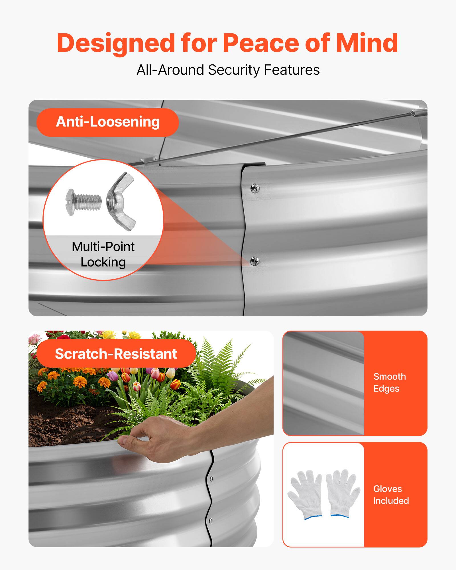 Designed for Peace of Mind  
All-Around Security Features  

- Anti-Loosening  
- Multi-Point Locking  
- Scratch-Resistant  
- Smooth Edges  
- Gloves Included