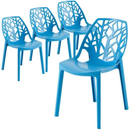 Front. LeisureMod - Cornelia 4-Pieces Stackable Plastic Dining Chair with Cut-Out Backrest and Fully Assembled - Solid Blue.