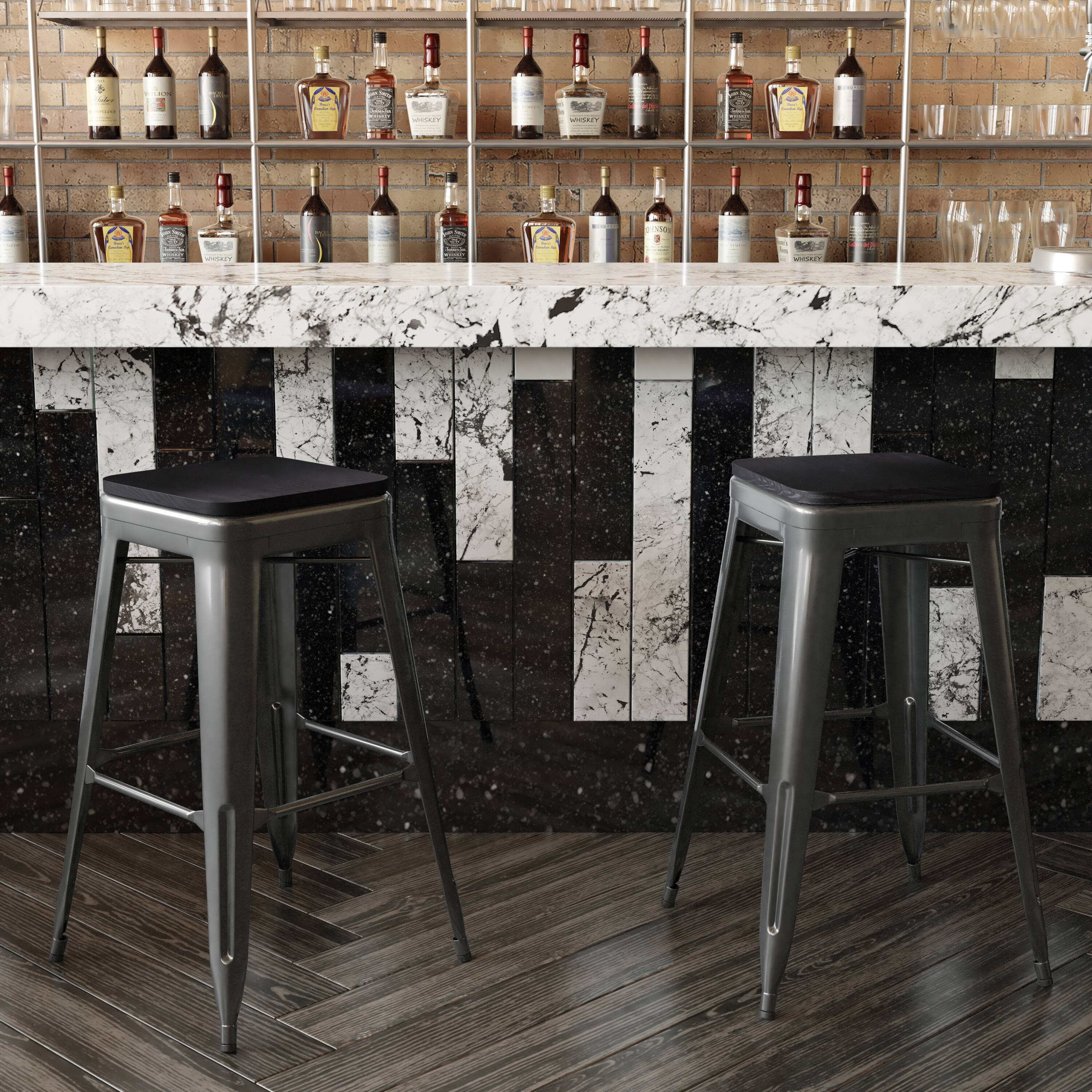Alt View 3. Emma + Oliver - Kam Backless Metal Indoor-Outdoor Stool with All-Weather Polystyrene Seat - Black Seat/Black Frame.