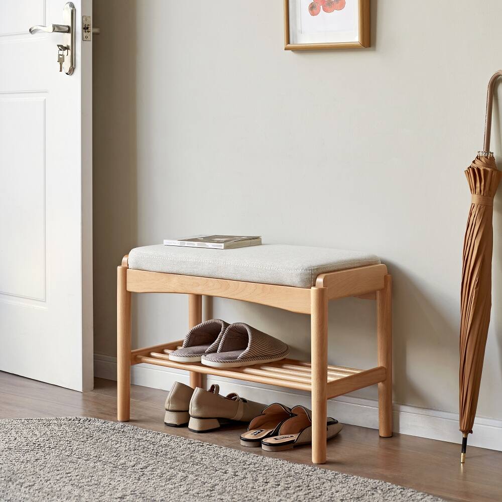 Alt View 9. Ropilly - Ropilly Mid-Century Modern Solid Wood Shoe Bench, Beige Upholstered Entryway Storage Bench with Cushion - Beige.