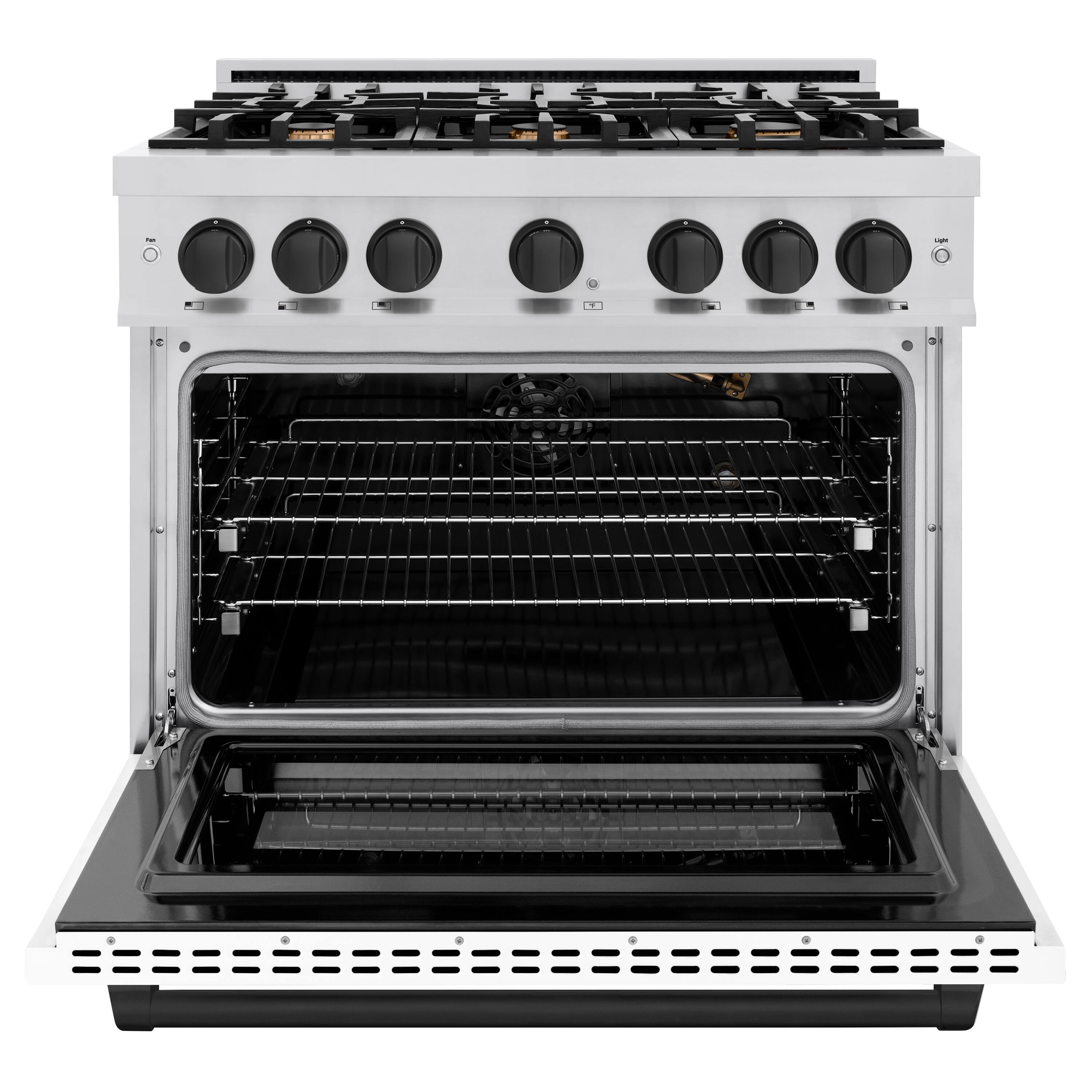 Left. ZLINE - ZLINE Autograph 36" Freestanding Select Gas Range w/ 6 Burners & White Door w/ Black Accents (HGRZ-WM-36-MB) - Stainless Steel.