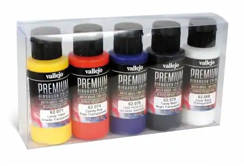 vallejo PREMIUM AIRBRUSH COLOR
62.068 Clear Base
62.071 Candy Yellow
62.074 Candy Red
62.076 Candy Blue
62.079 Candy Black