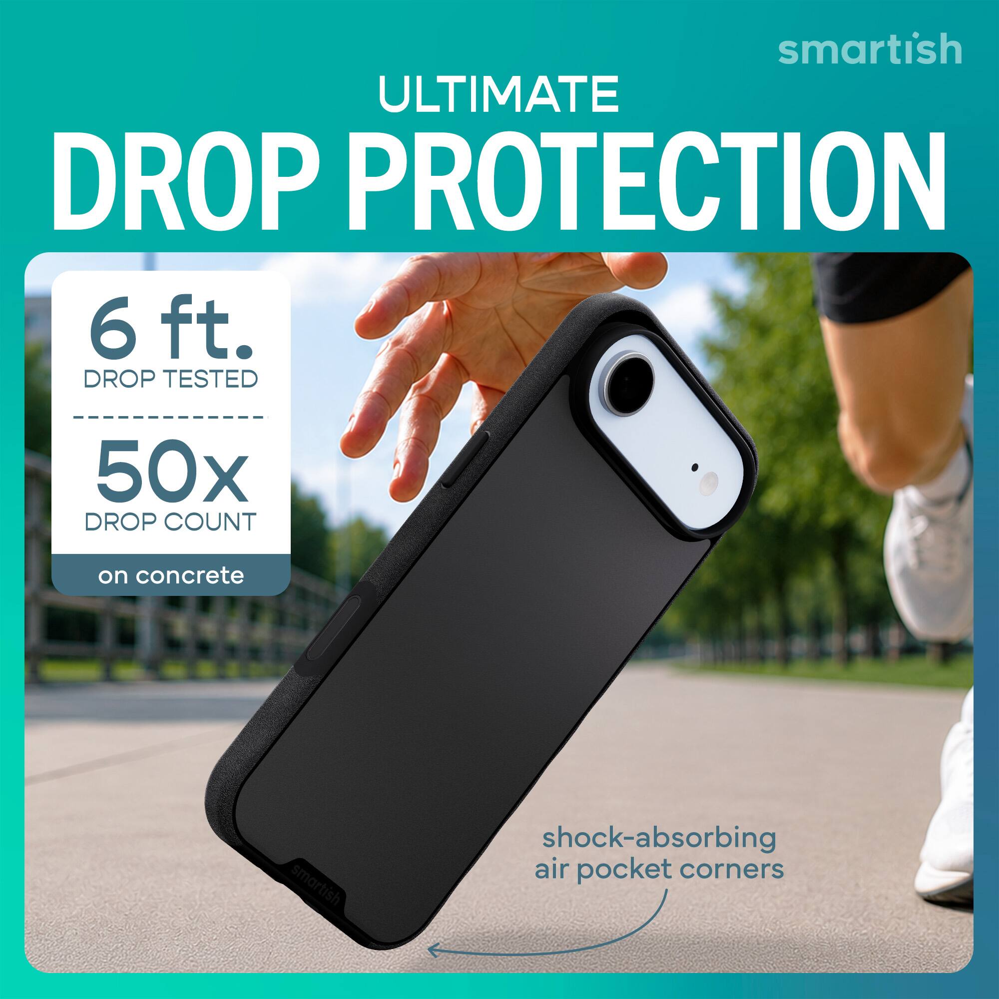 smartish ULTIMATE DROP PROTECTION  
6 ft. DROP TESTED  
50x DROP COUNT  
on concrete  
smartish  
shock-absorbing air pocket corners
