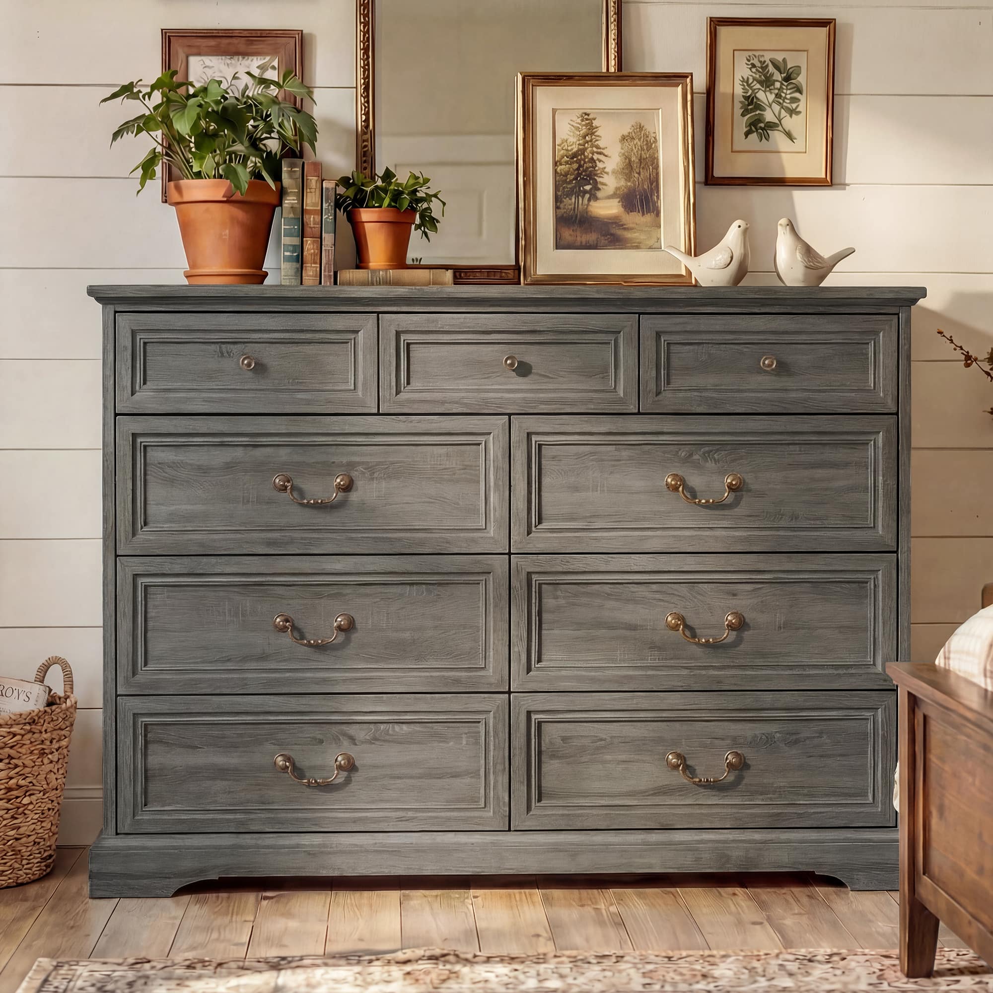 FUFU & GAGA - Classic 9-Drawer Dresser Chest-Large Bedroom Storage Tower with 3 Small & 6 Large Drawers Clothes Organizer for Bedroom - Distressed gray