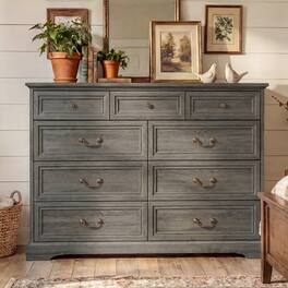 FUFU&GAGA - Classic 9-Drawer Dresser Chest-Large Bedroom Storage Tower with 3 Small & 6 Large Drawers Clothes Organizer for Bedroom - Distressed gray