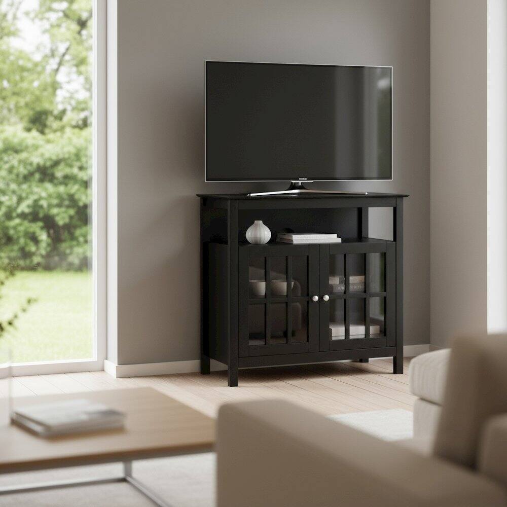 Alt View 2. FurniFact - TV Cabinet for 40-inch TV, 4 Shelving Tiers in Black Wood, Cable Management - Brown.