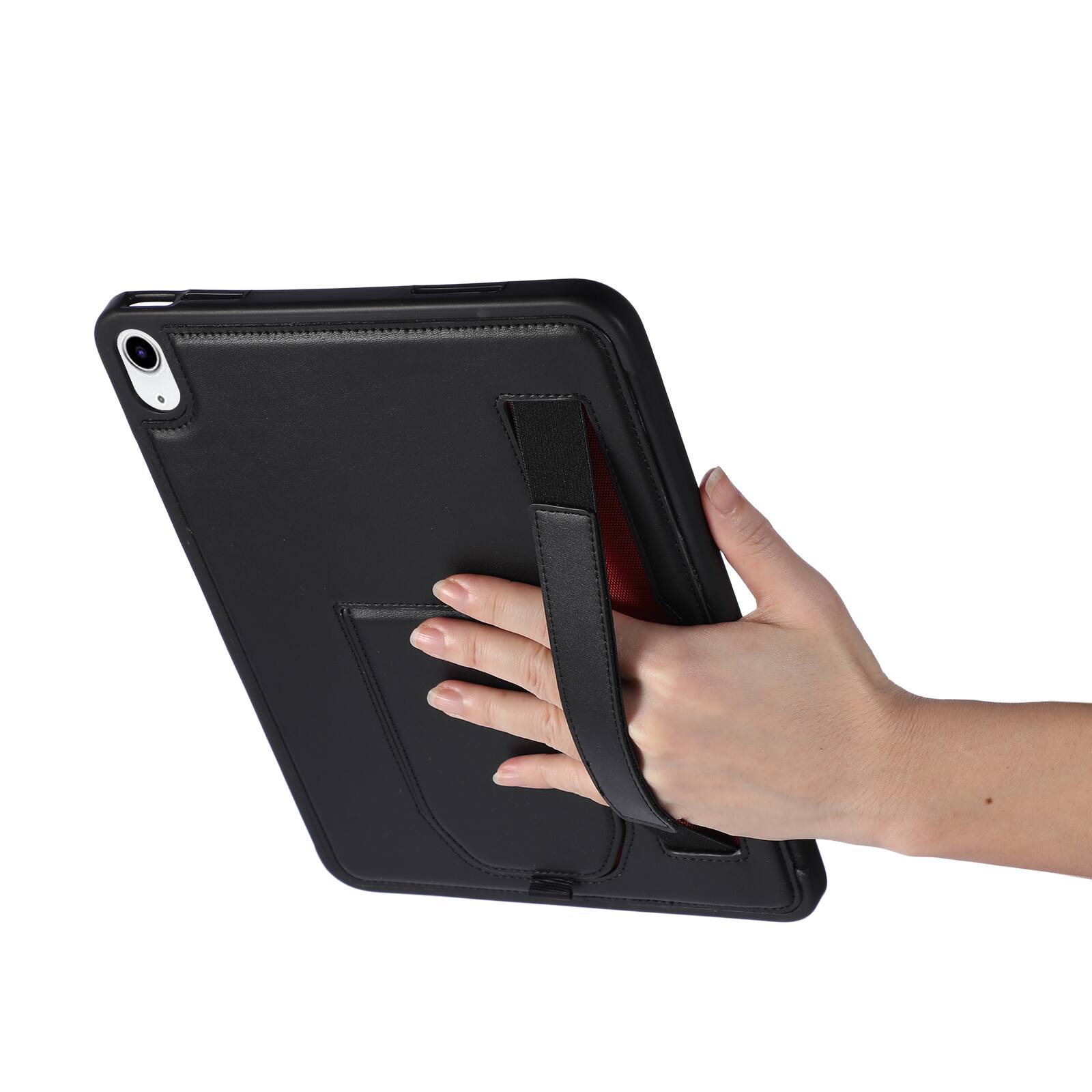 Left. Dteck - Shockproof Case for Apple iPad (A16) 11" 2025 with Hand Strap and Foldable Kickstand, PU Leather TPU Protective Cover - Black.