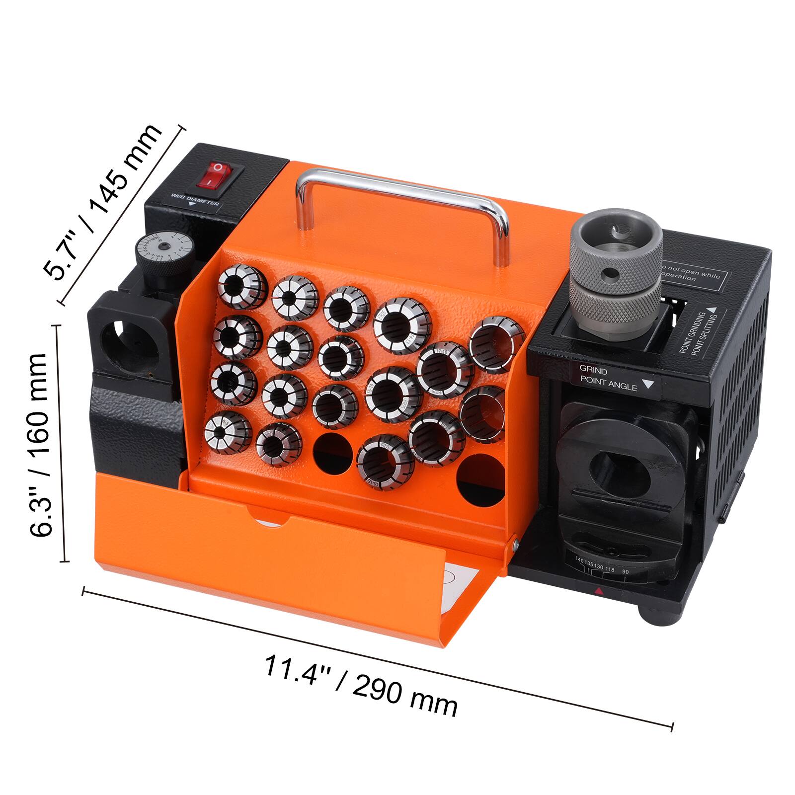 Sure, here is the corrected and grouped text from the image:

- **5.7" / 145 mm**
- **6.3" / 160 mm**
- **11.4" / 290 mm**
- **GRIND POINT ANGLE**
- **DO NOT OPEN WHILE OPERATING**
- **POINT ANGLE**
- **145° 158° 160° 162° 165° 168° 170° 172° 175° 178° 180° 182° 185° 188° 190° 192° 195° 198° 200°**