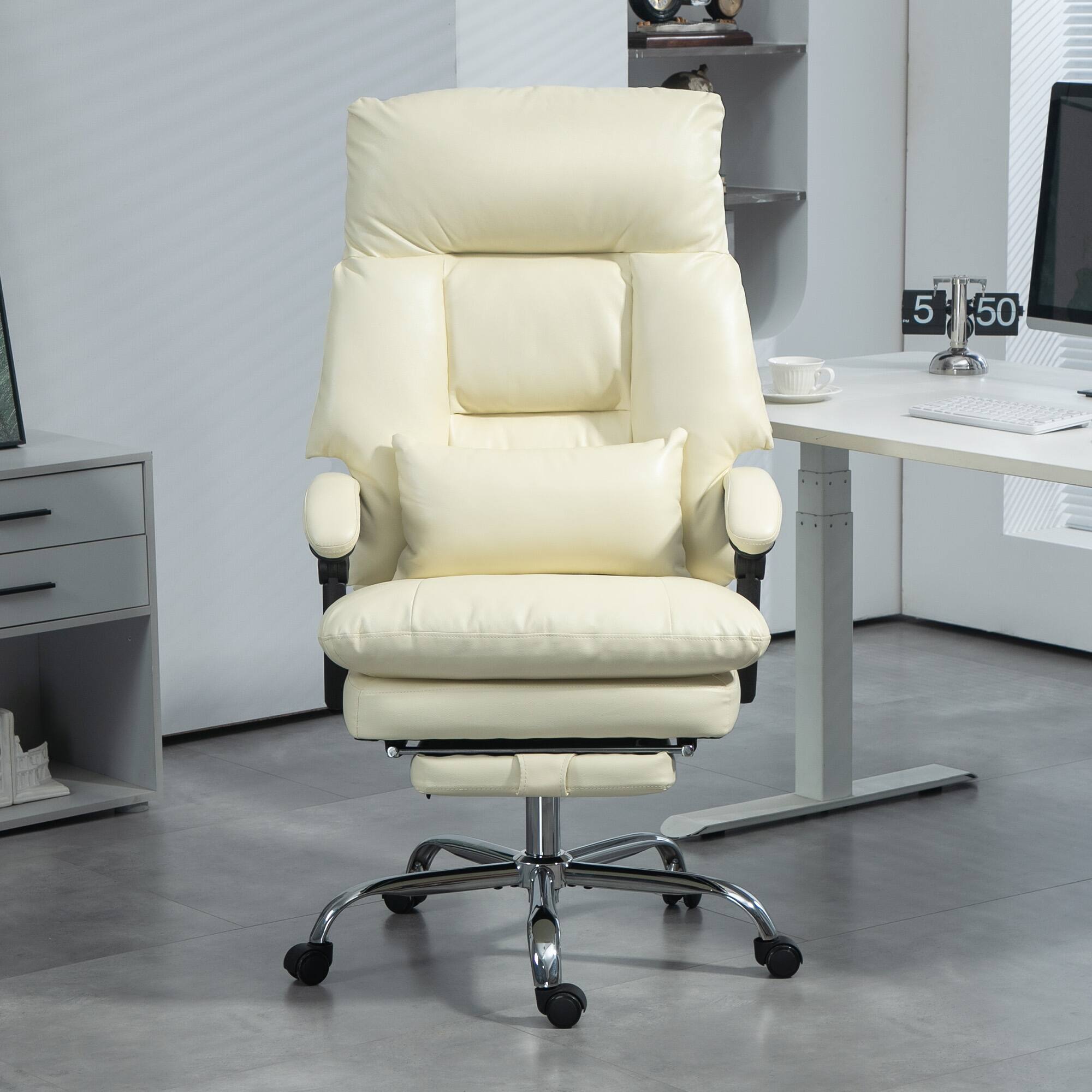 Alt View 8. Homcom - Overstuffed Executive Office Chair, Reclining Desk Chair with Swivel Wheels, Foot Rest, High Back, Thick Padded - Cream White.