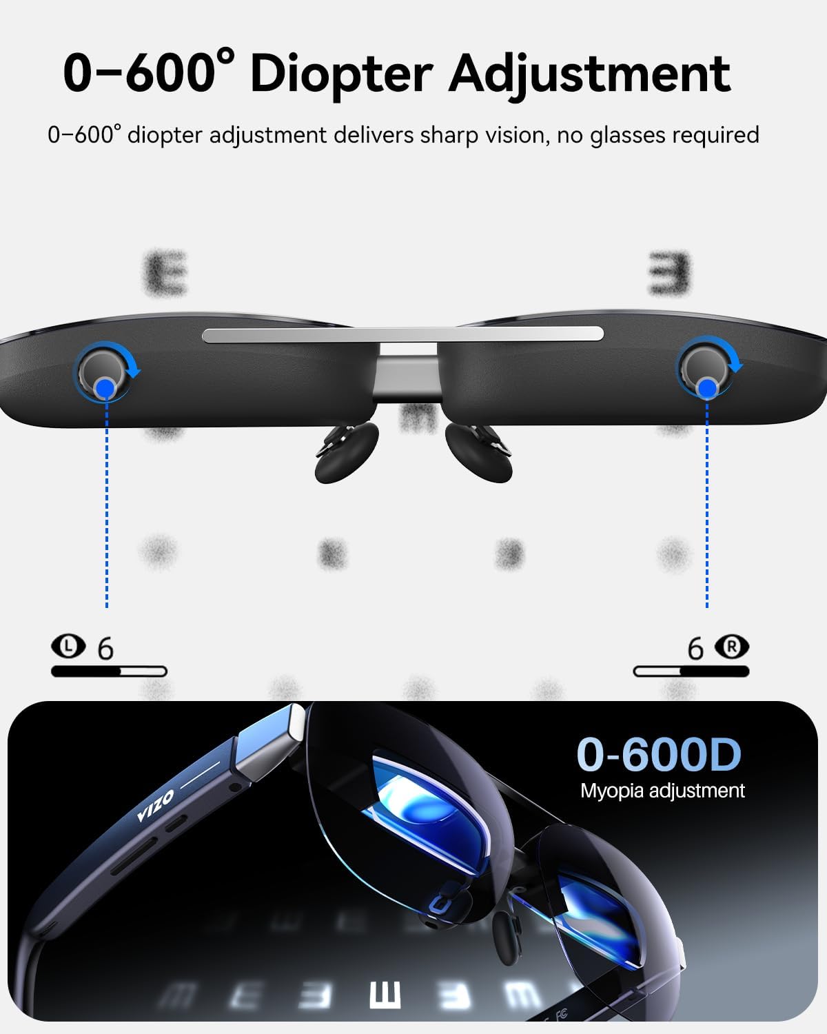 0-600° Diopter Adjustment  
0-600° diopter adjustment delivers sharp vision, no glasses required  

L 6  
R 6  

VIZO  
0-600D  
Myopia adjustment