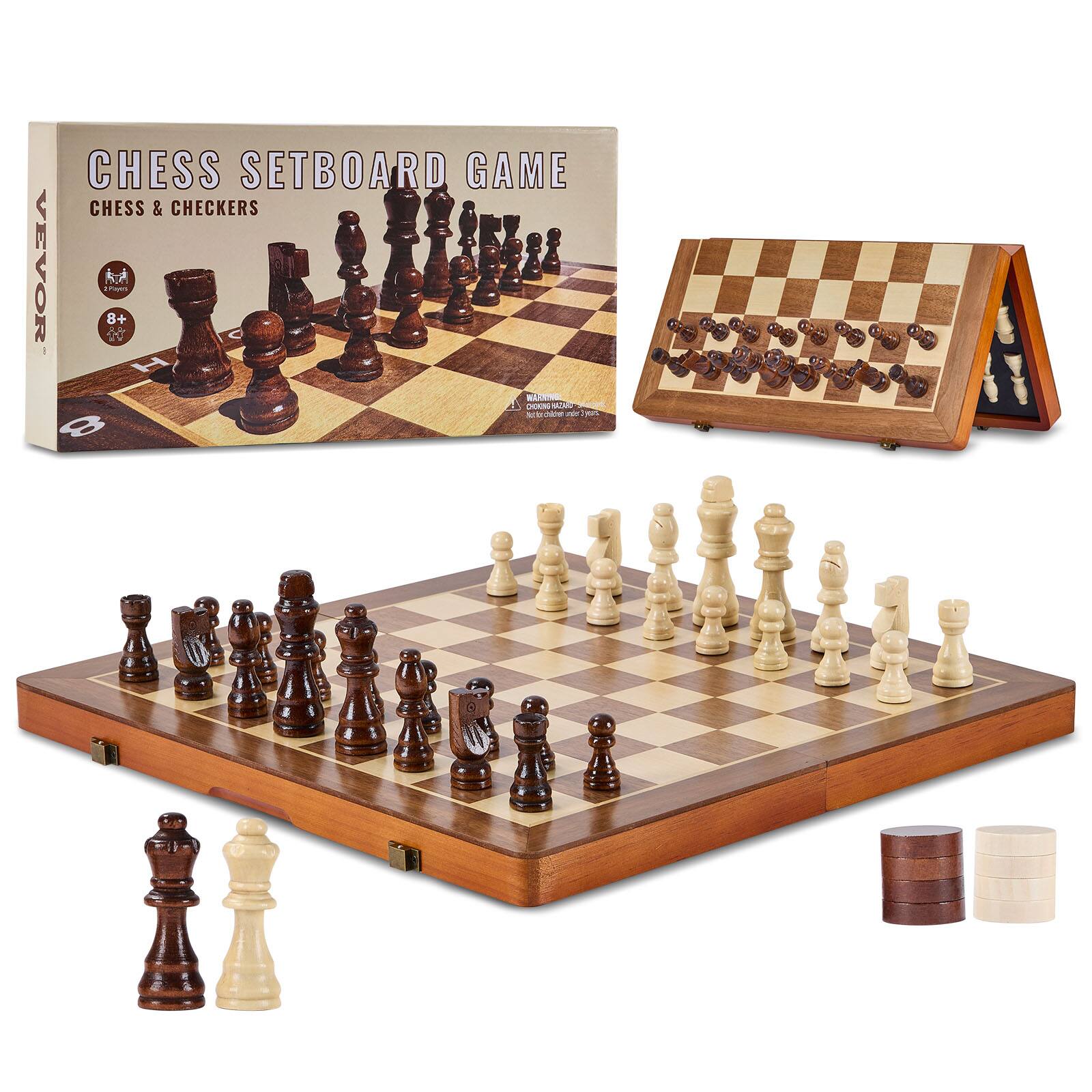 VEVOR - Magnetic Wooden Chess Set, 15 inch 2-IN-1 Chess Checkers Game Set, Folding Chess Board Games for Adults Kids - Red Walnut