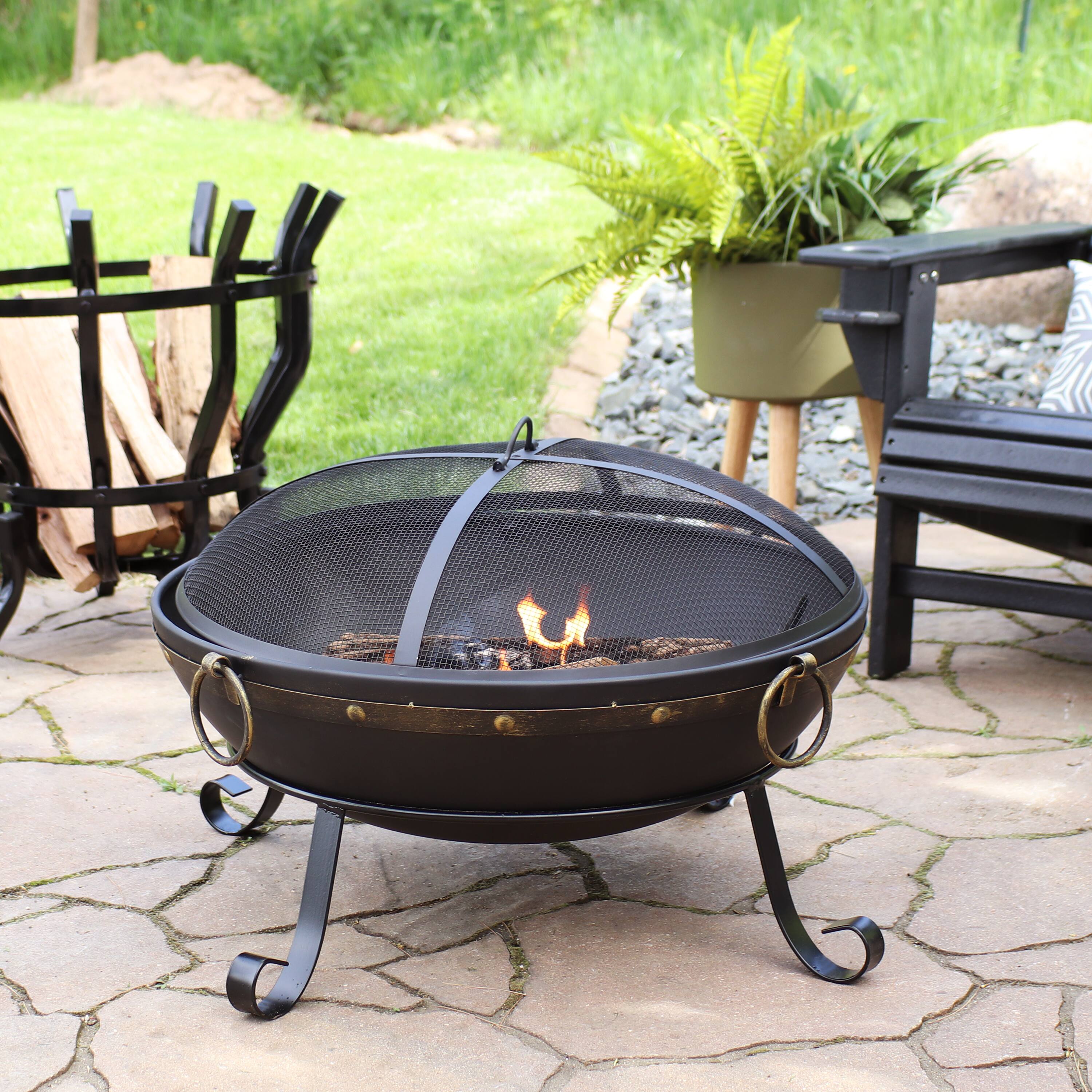 Alt View 1. Sunnydaze - 25 in Victorian Steel Fire Bowl with Handles and Spark Screen - Black.
