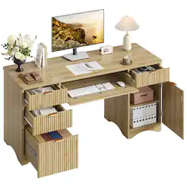Bestier - 63" Executive Desk with Ergonomic Keyboard Tray, 4 Drawers and Magnetic Lock Cabinet - Natual Oak