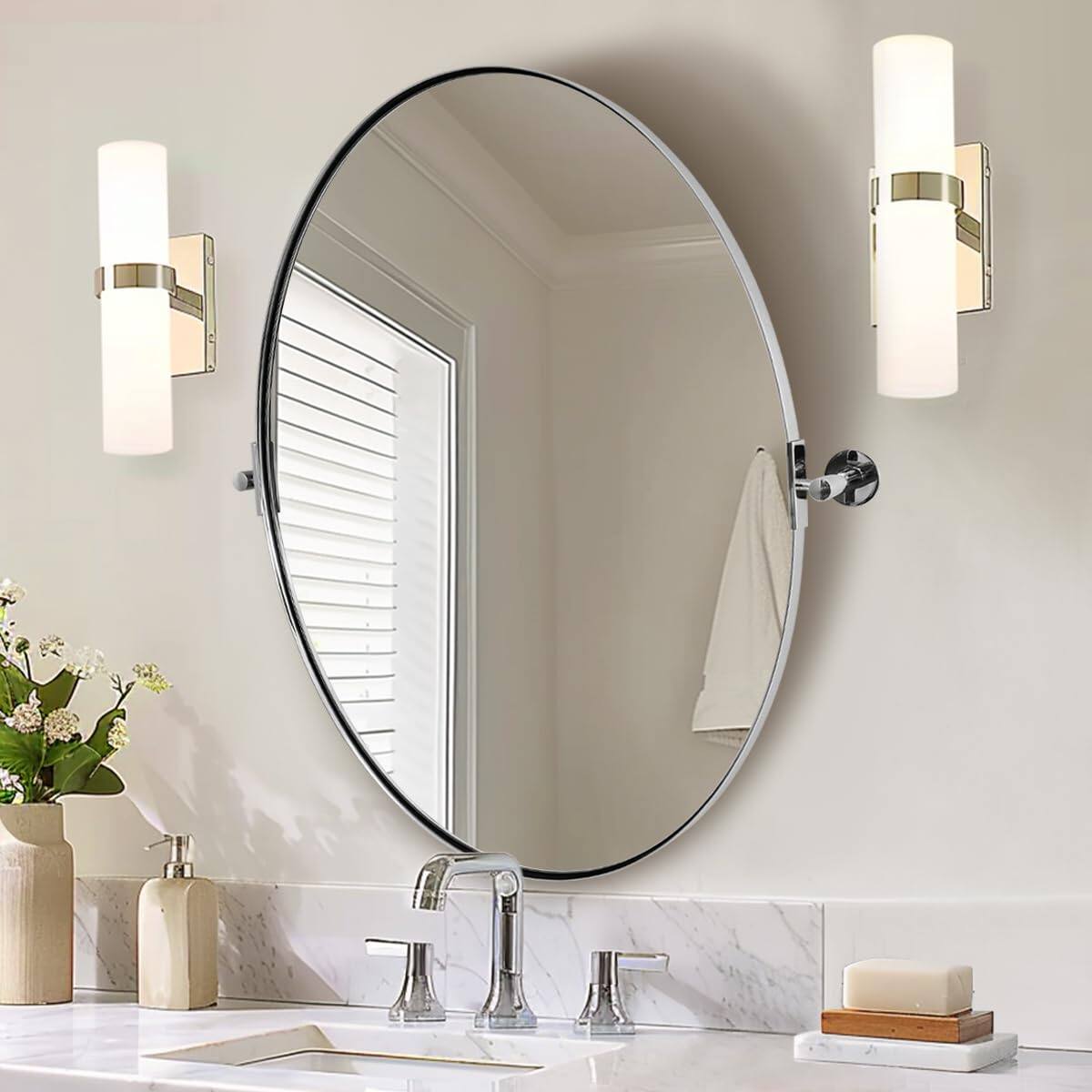 Alt View 2. TECH SAFARI - Oval Bathroom Mirror Stainless Steel Metal Frame Vanity For Over Sink With Adjustable Tilting Design Pivoti - Chrome 32"L x 24"W.