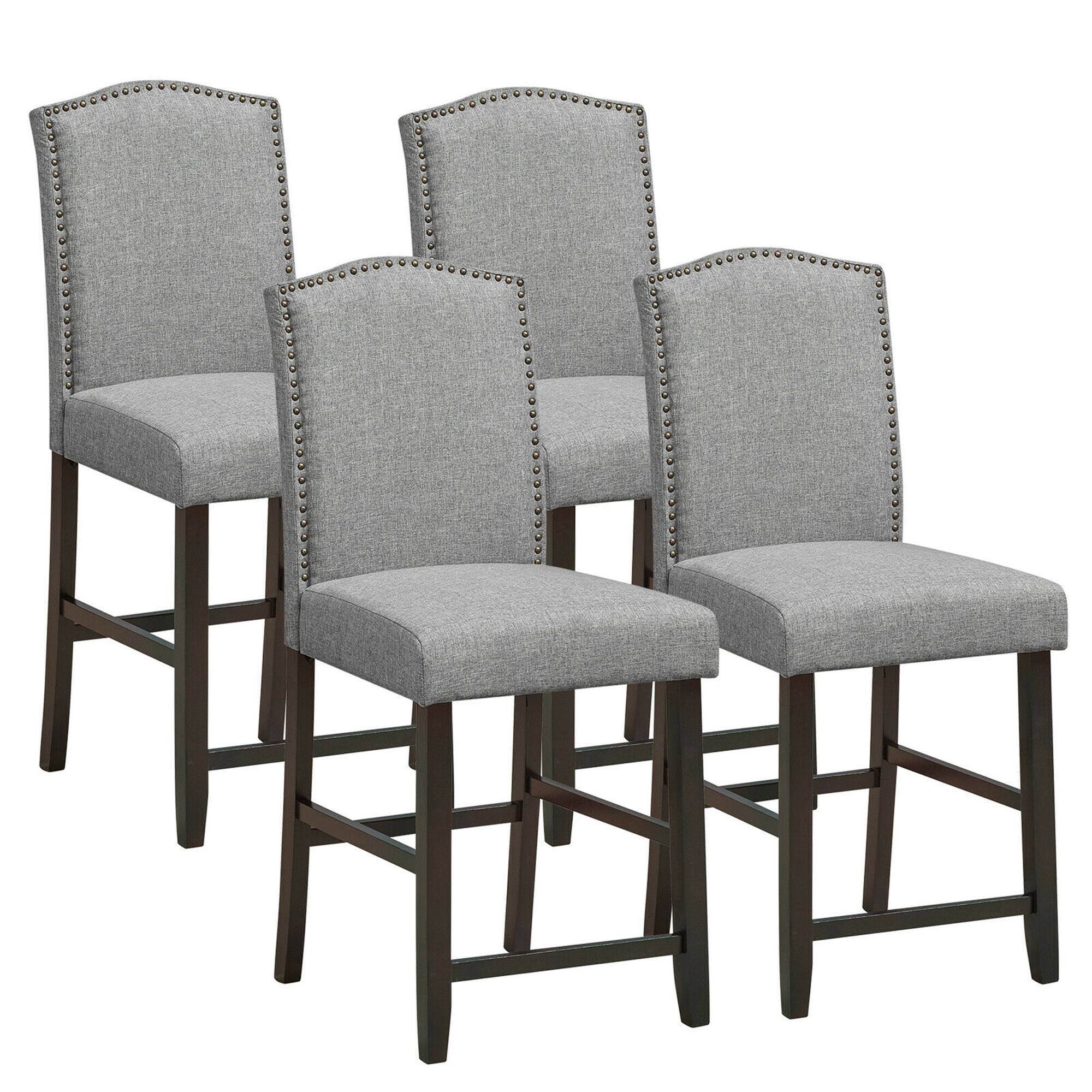 Gymax - Set of 4 Fabric Barstools Nail Head Trim Counter Height Dining Side Chairs Grey - Gray