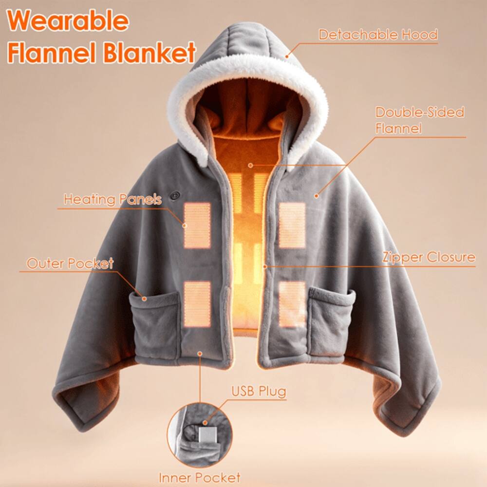 Wearable Flannel Blanket  
- Detachable Hood  
- Double-Sided Flannel  
- Heating Panels  
- Outer Pocket  
- Zipper Closure  
- USB Plug  
- Inner Pocket