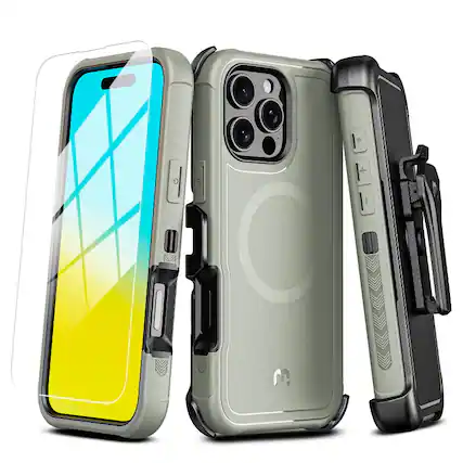 Front. Mybat Pro - MyBat Pro Maverick Series MagSafe Case with Holster and Tempered Glass for Apple iPhone 16 Pro Max - Grey - Grey.