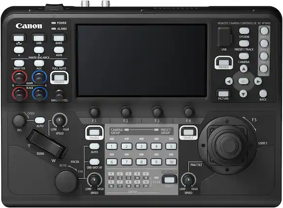 Canon POWER ALARM REMOTE CAMERA CONTROLLER RC-IP1000 SYSTEM USER 1 ABB BARS USB PRESET/TRACE USER 2 A WHITE BALANCE AWB CAMERA USER 3 SHUTTER AGC FULL AUTO ENABLE USER 4 R GAIN BLACK B ENABLE SET MAS PED. PICTURE BACK OPEN IRIS T AUTO ZOOM LOW HIGH SPEED F 1 ENABLE AUTO F2 2 CAMERA/ GROUP 1 2 3 F 3 PRESET/ GROUP 4 5 F 4 ENABLE F5 USER 5 W FOCUS NEAR ONE-SHOT AF FAR LOW HIGH SPEED 6 1 11 6 16 2 12 7 17 7 8 3 4 5 13 14 15 8 9 10 18 19 20 GROUP 9 10 PAN/TILT CAMERA PRESET -11-20 SELECT LOW HIGH SPEED