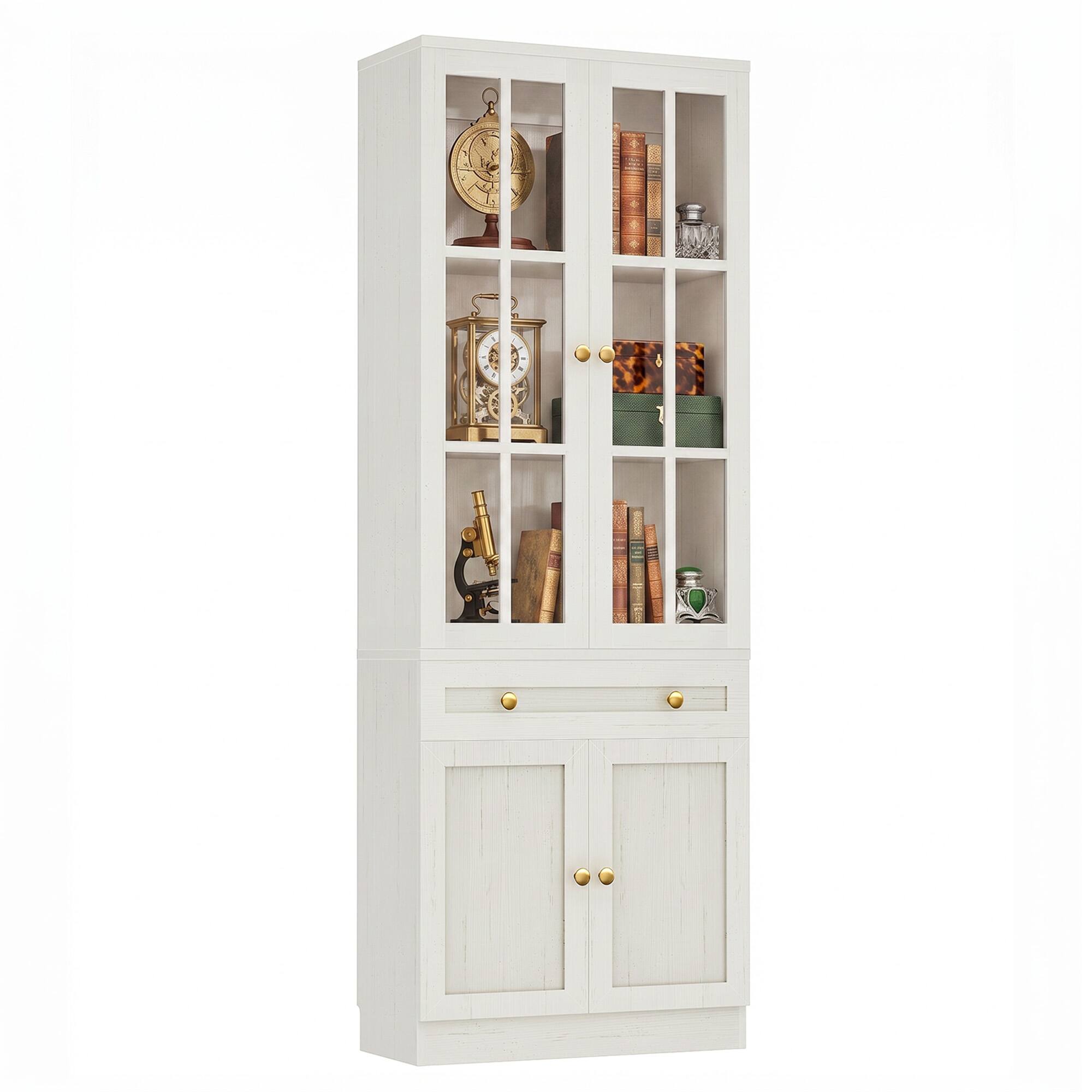 Angle. Aheaplus - 80'' Tall Farmhouse Bookcase with Drawer, Glass Doors, and Adjustable Shelves - Off White.