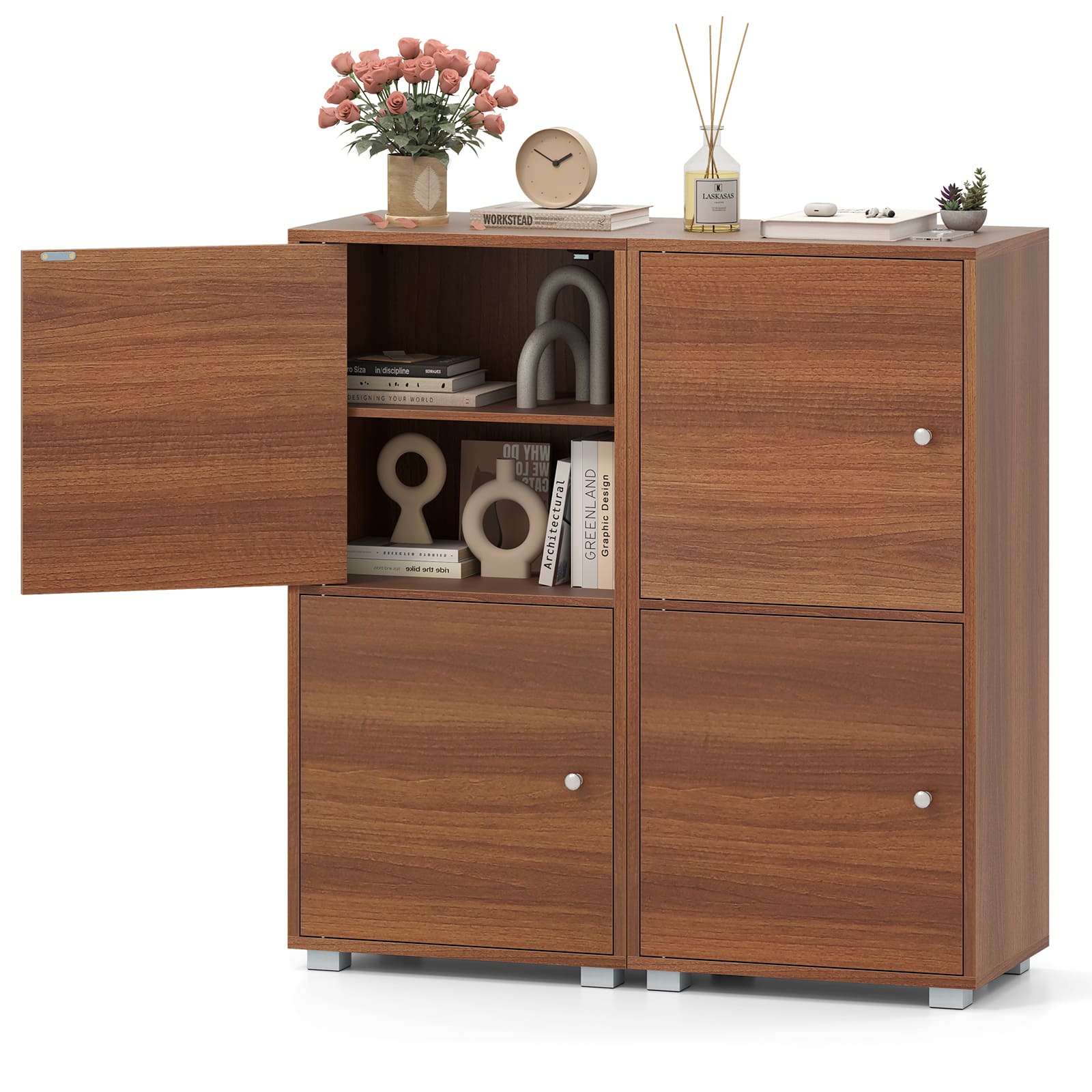 Gymax - 2 PCS 2-Door Storage Cabinet w/ Adjustable Shelves Kitchen Buffet Cabinet w/ 2 Doors - Walnut
