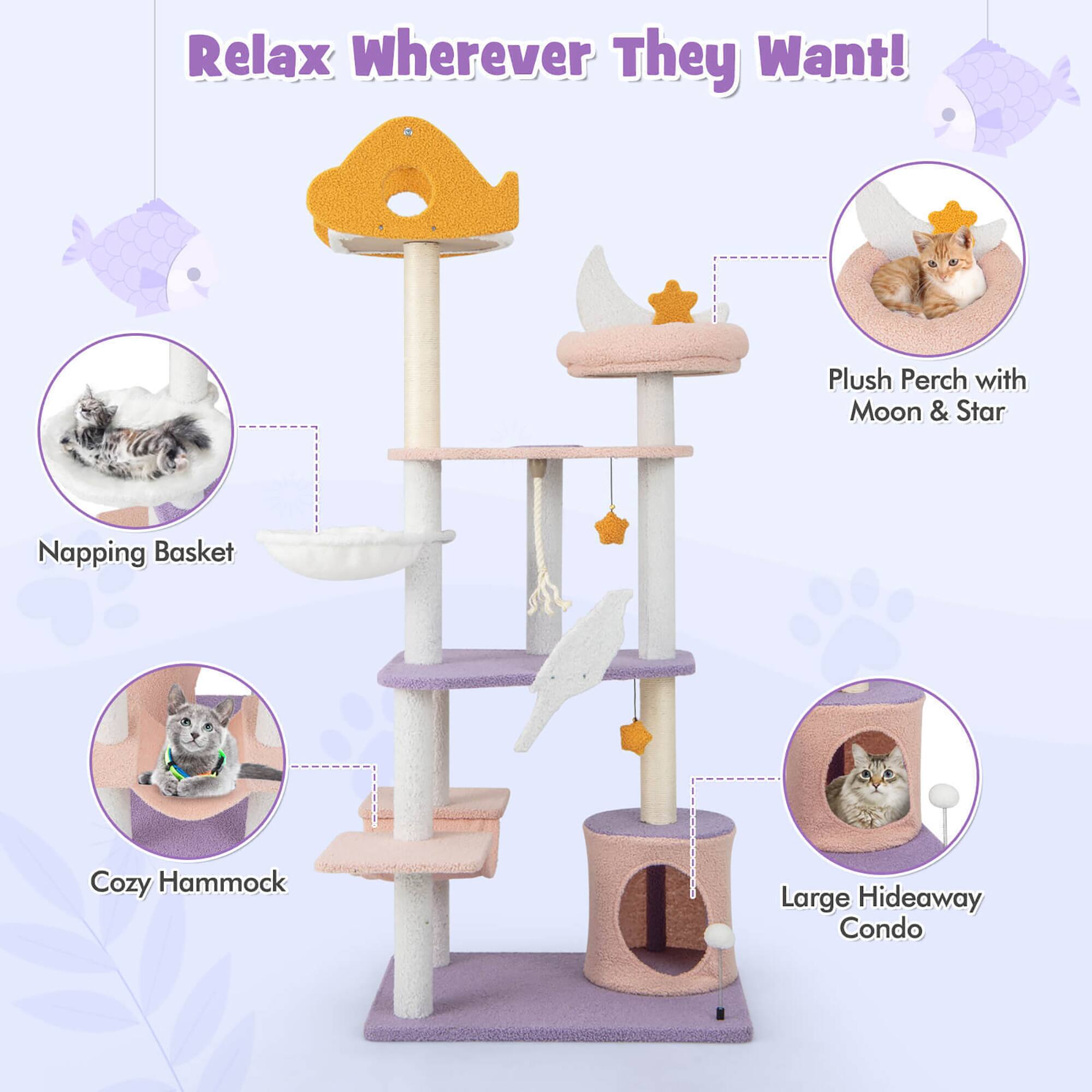 Relax Wherever They Want!

- Napping Basket
- Plush Perch with Moon & Star
- Cozy Hammock
- Large Hideaway Condo