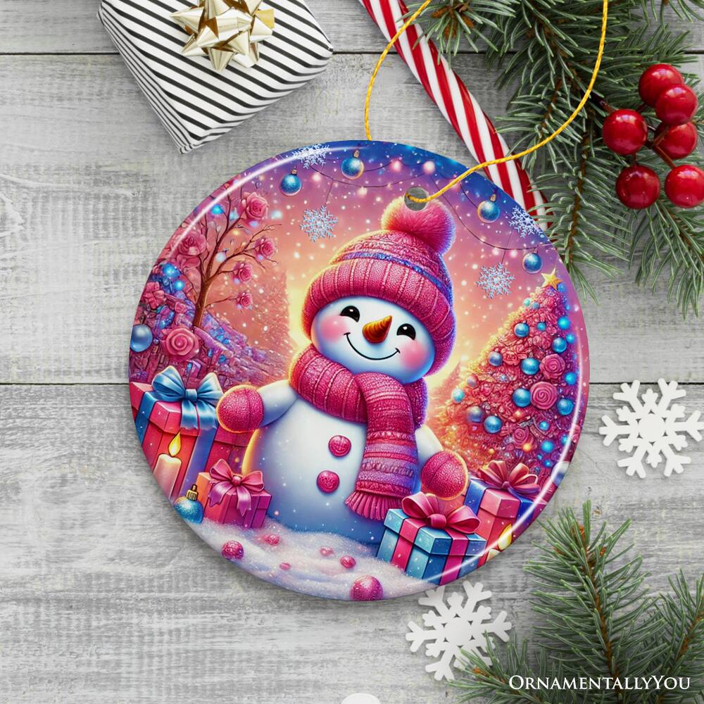 Back. OrnamentallyYou - Joyful Frost Snowman Pink Themed Ornament Festive Winter Spirit for Holiday Gift - Multi-colored.