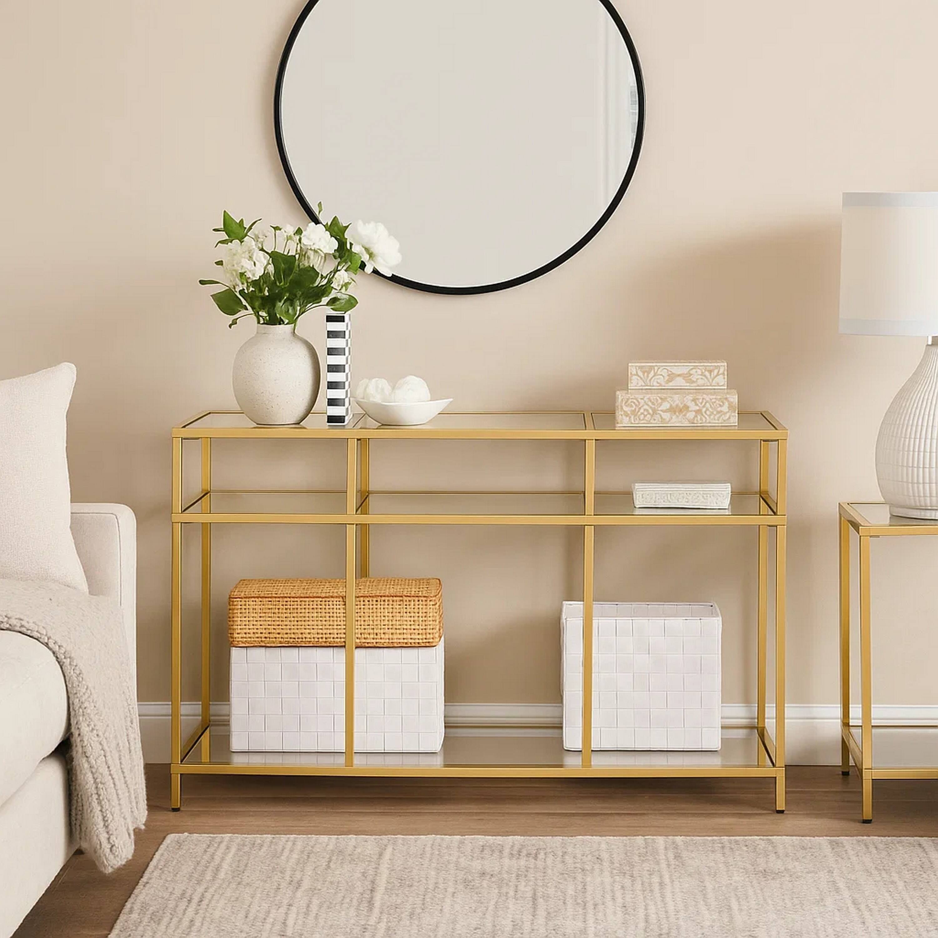 Alt View 6. Manhattan Lane - 3 Tier Sofa Table with Glass Shelves and Metal Frame - Gold.