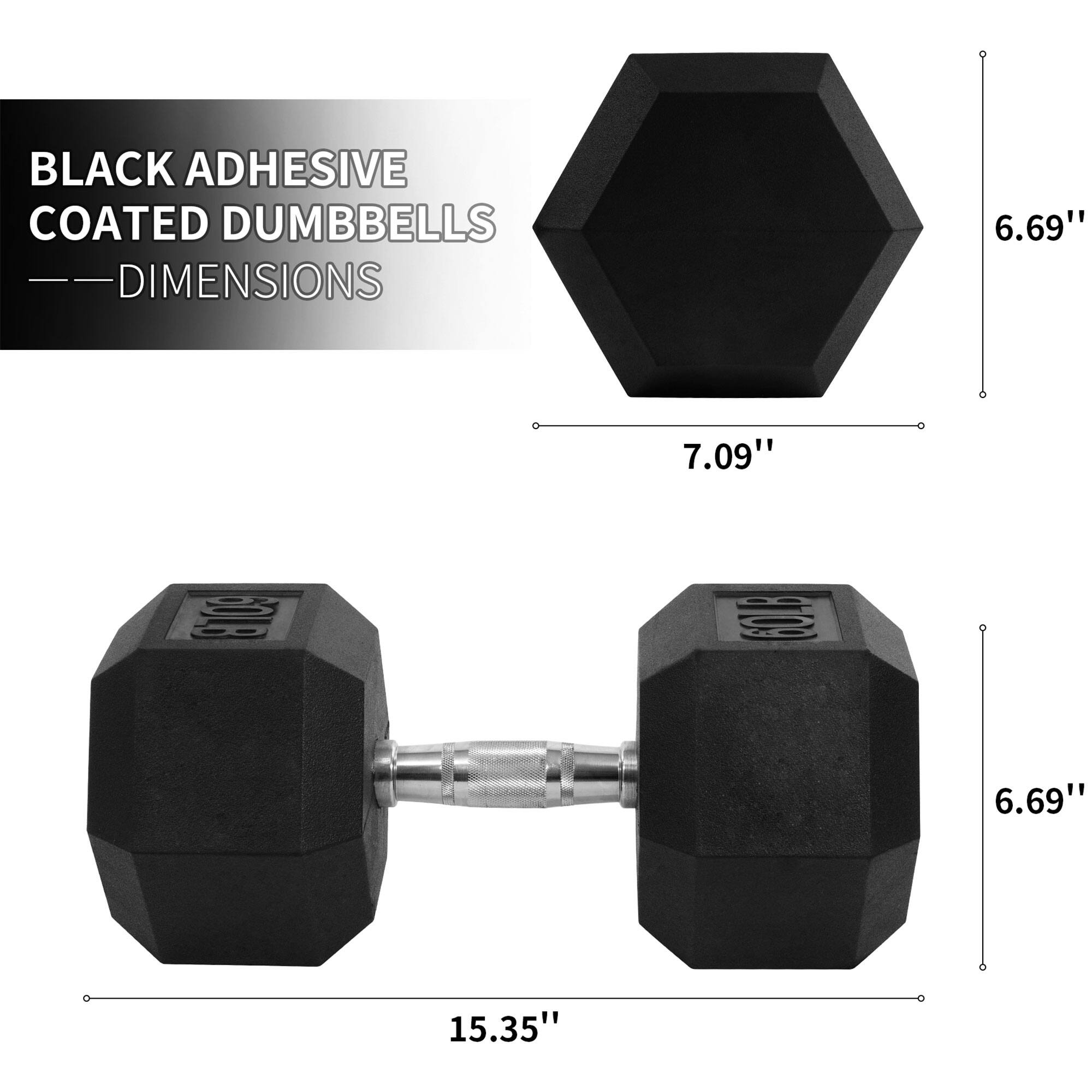 BLACK ADHESIVE COATED DUMBBELLS  
— DIMENSIONS  
6.69"  
7.09"  
15.35"