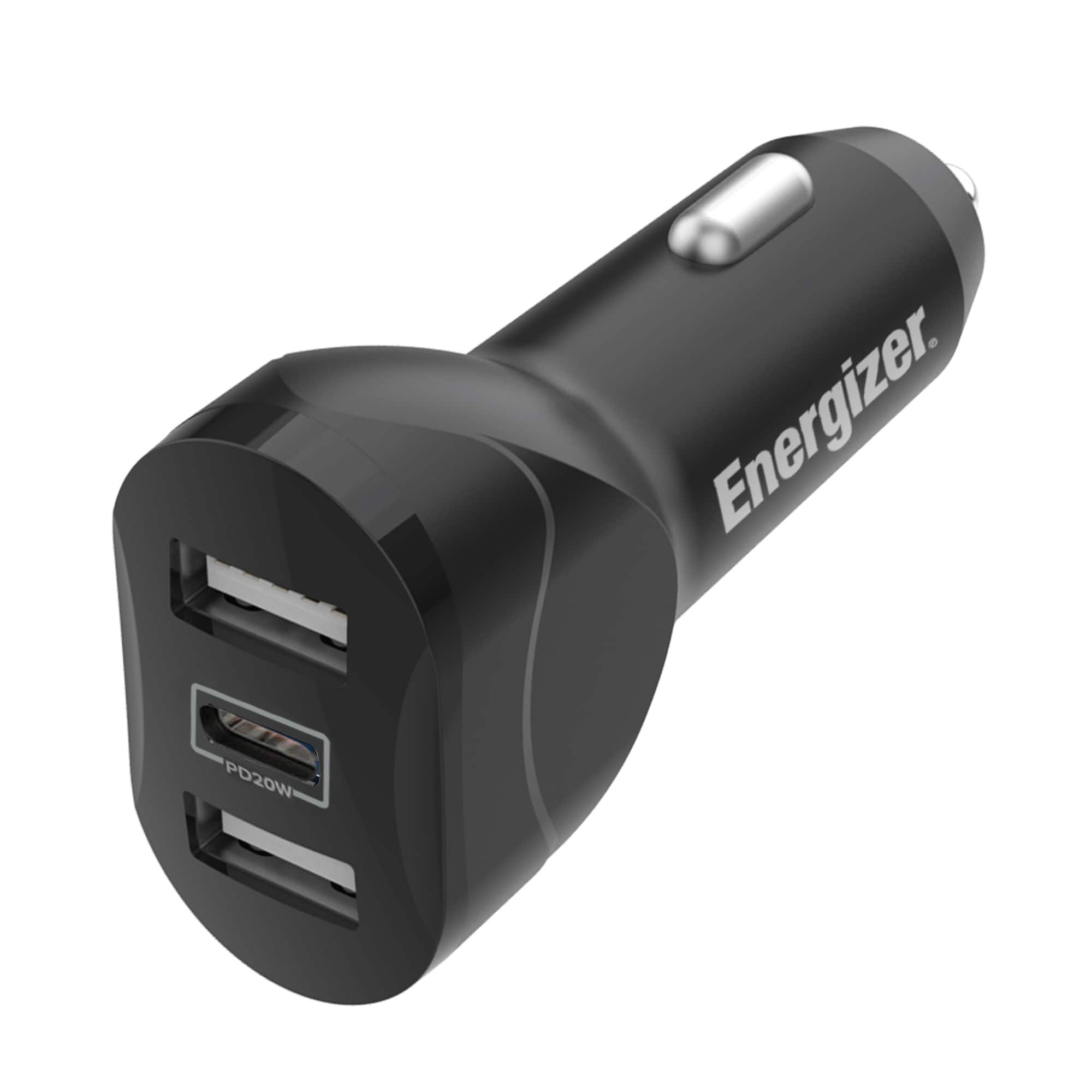 Energizer - 3-Port Car Charger, 37W Fast Charge with 20W Type-C PD & Dual USB Ports - Black