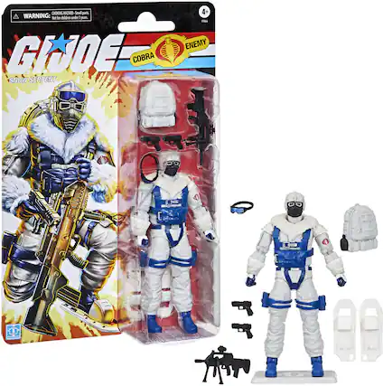 The text on the image is:
"G.I. JOE COBRA SNOW SERPENT ENEMY"
The corrected and grouped text from the image is:
"CHOKING HAZARD - Small parts. Not for children under 3 years. WARNING: Not for children under 3 years. G.I. JOE COBRA SNOW SERPENT ENEMY 4+ FN"