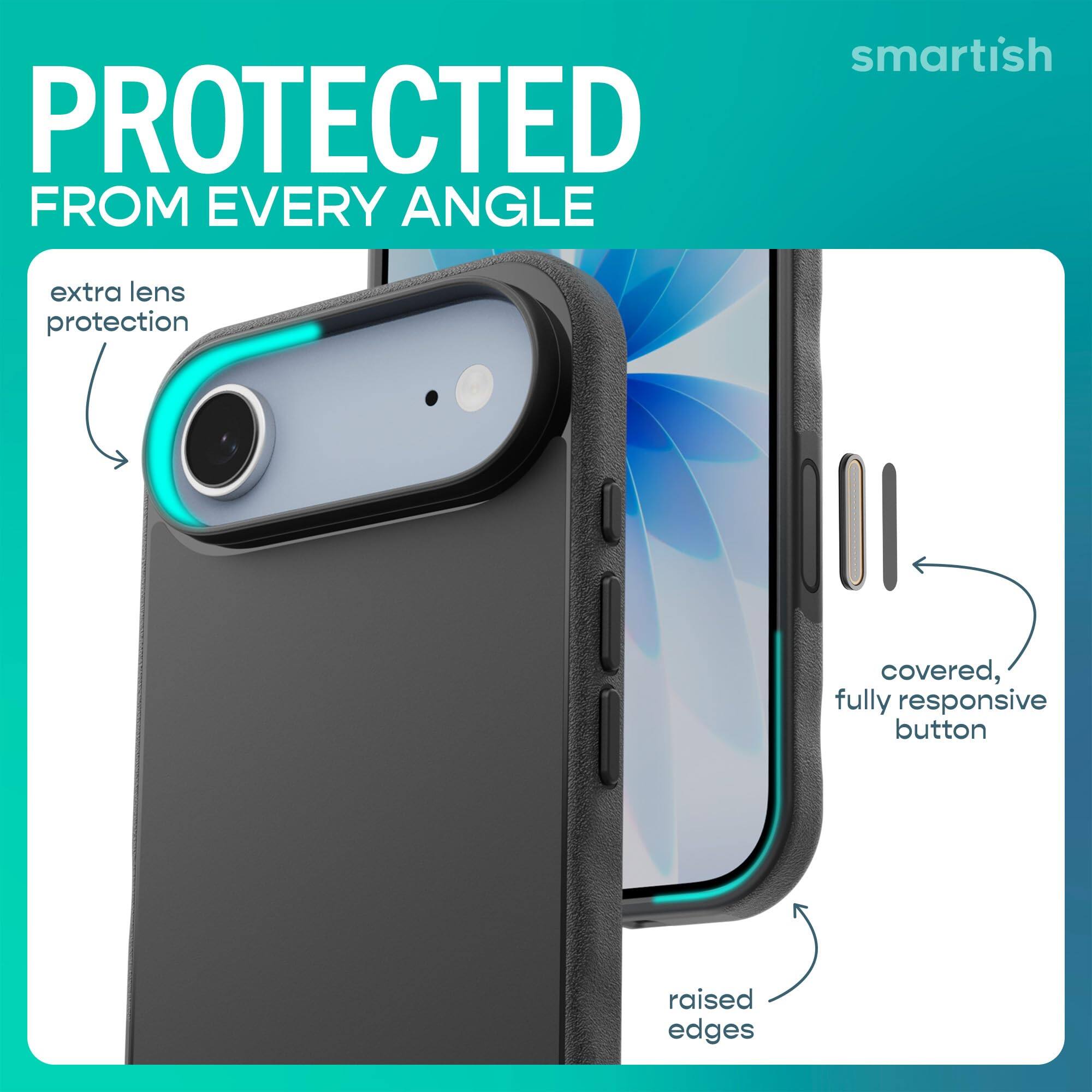 smartish  
PROTECTED FROM EVERY ANGLE  
extra lens protection  
covered, fully responsive button  
raised edges