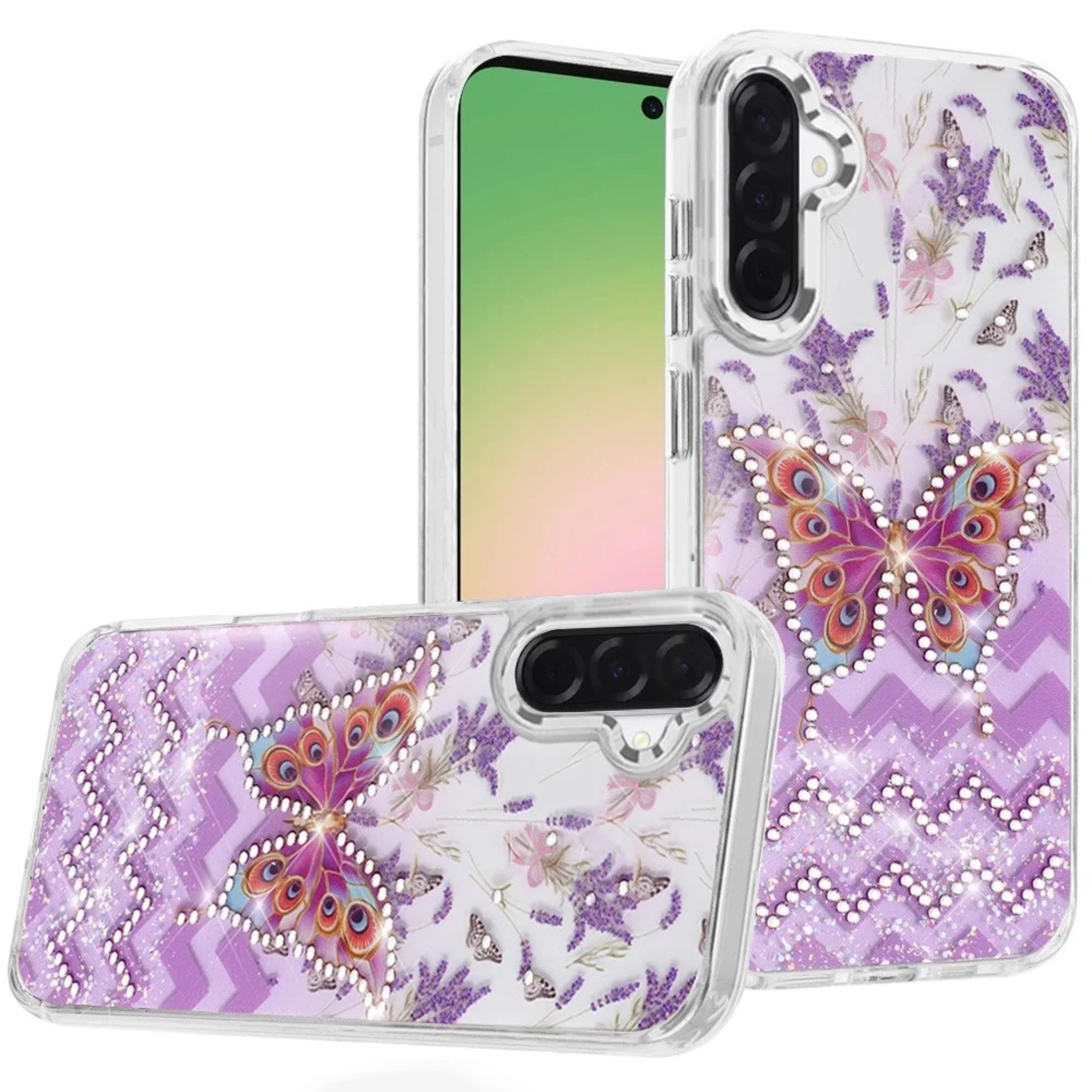 Kitcheniva - Colorful Butterfly Epoxy Design Plastic Jewels Phone Case With Tempered Glass For Samsung Galaxy A57 5G - Purple