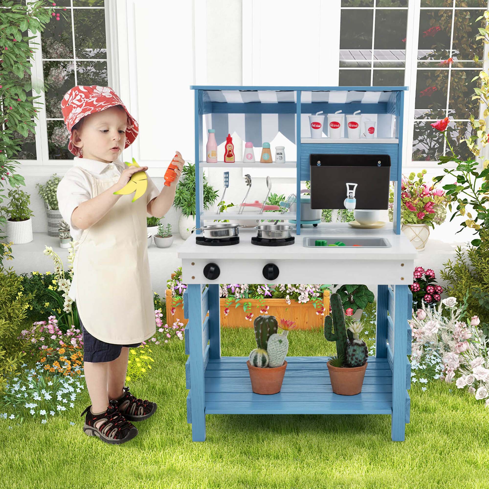 Alt View 1. Costway - 2-In-1 Wooden Mud Kitchen with Canopy Removable Sink Water Box Faucet Sound Effect - Multicolor.