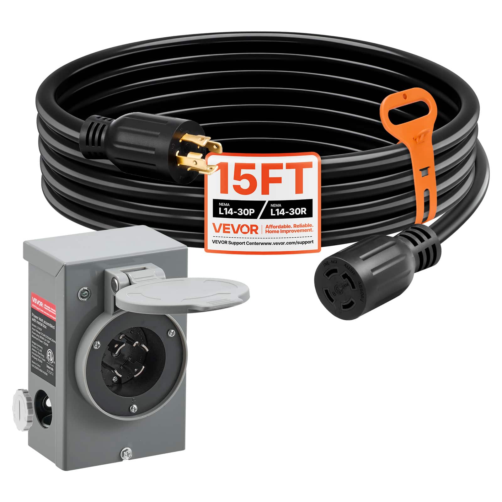 VEVOR - 30 Amp Generator Cord and Power Inlet Box, 15 FT, 125/250V NEMA L14-30P to L14-30R Heavy Duty Extension Power Cord - Black