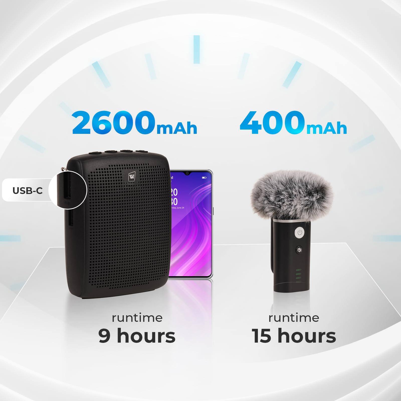 2600 mAh  
runtime 9 hours  

400 mAh  
runtime 15 hours  

USB-C