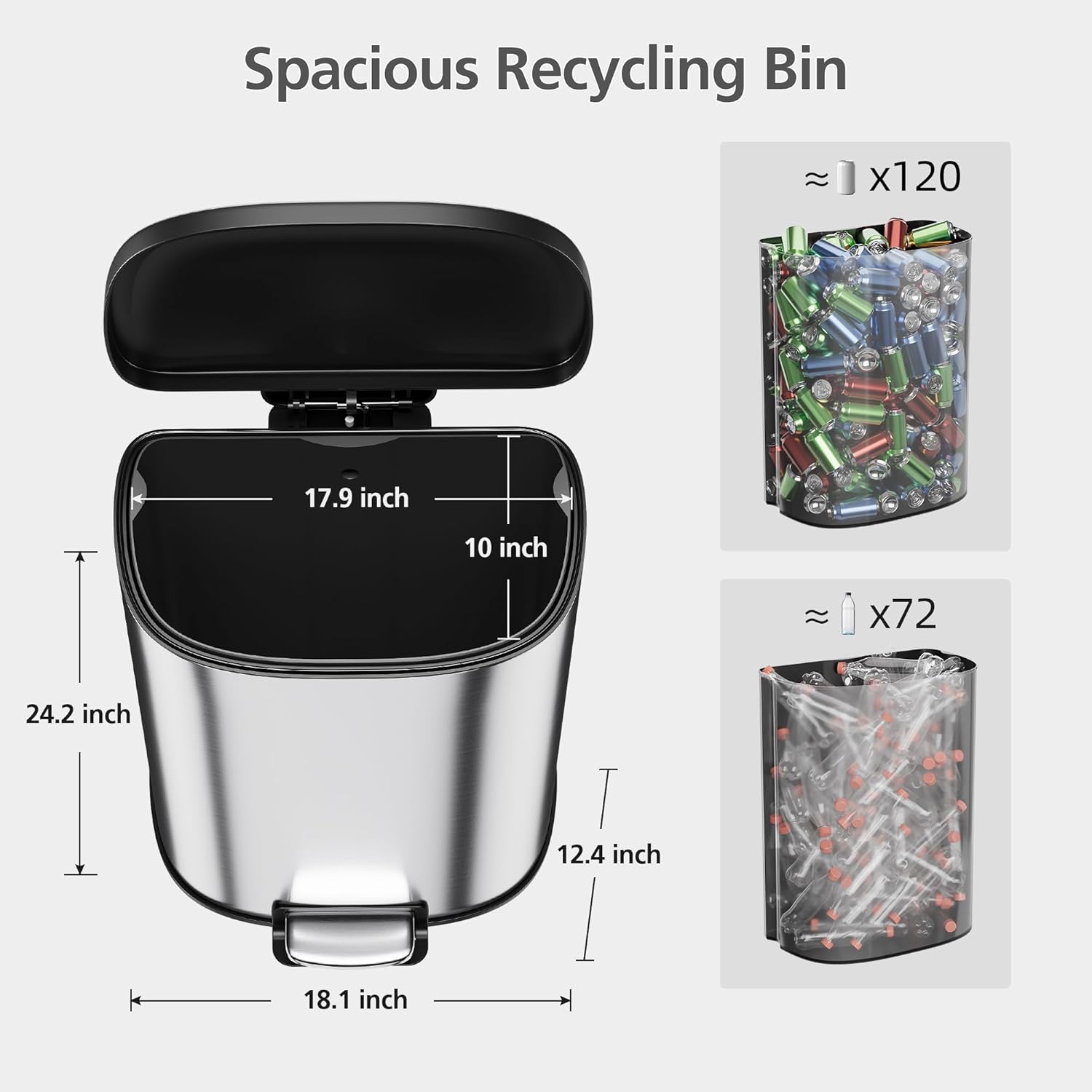 Spacious Recycling Bin

Dimensions:
- Height: 24.2 inch
- Width: 18.1 inch
- Depth: 17.9 inch
- Lid Height: 10 inch
- Internal Height: 12.4 inch

Capacity:
- Batteries: x120
- Bulbs: x72
