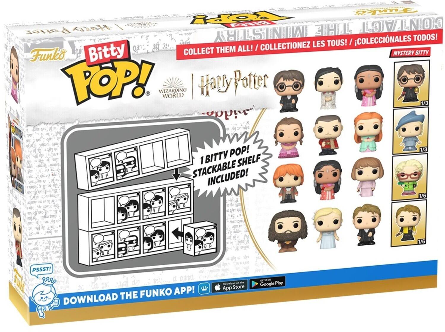 9 ROPL a COINTACT offet &  A IMINISTRYY TOUS! / COLECCINALES TODOS!  / COLLECTIONEZ LES COLLECT THEM ALL! Funko Bitty MYSTERY BITTY POP! WIZARDING WORLD Harry Potter 1/3 BITTY POP! 1 SHELF STACKABLE INCLUDED! 1/3 1/6 1/6 PSSST! THE FUNKO APP! DOWNLOAD Demenead an the App Store GET ON Google Play