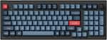 The image shows a blue and black keyboard with a red dot on the F key. The keys are labeled with numbers and symbols, including the numbers 1 through 9, the symbols +, -, and =, and the letters Q, W, E, R, T, Y, U, I, O, P, J, K, L, and Z. The keyboard also has a red dot on the F key, which is likely a function key. The layout of the keyboard suggests that it is designed for a computer or other device that requires a numeric or symbol-based input system.