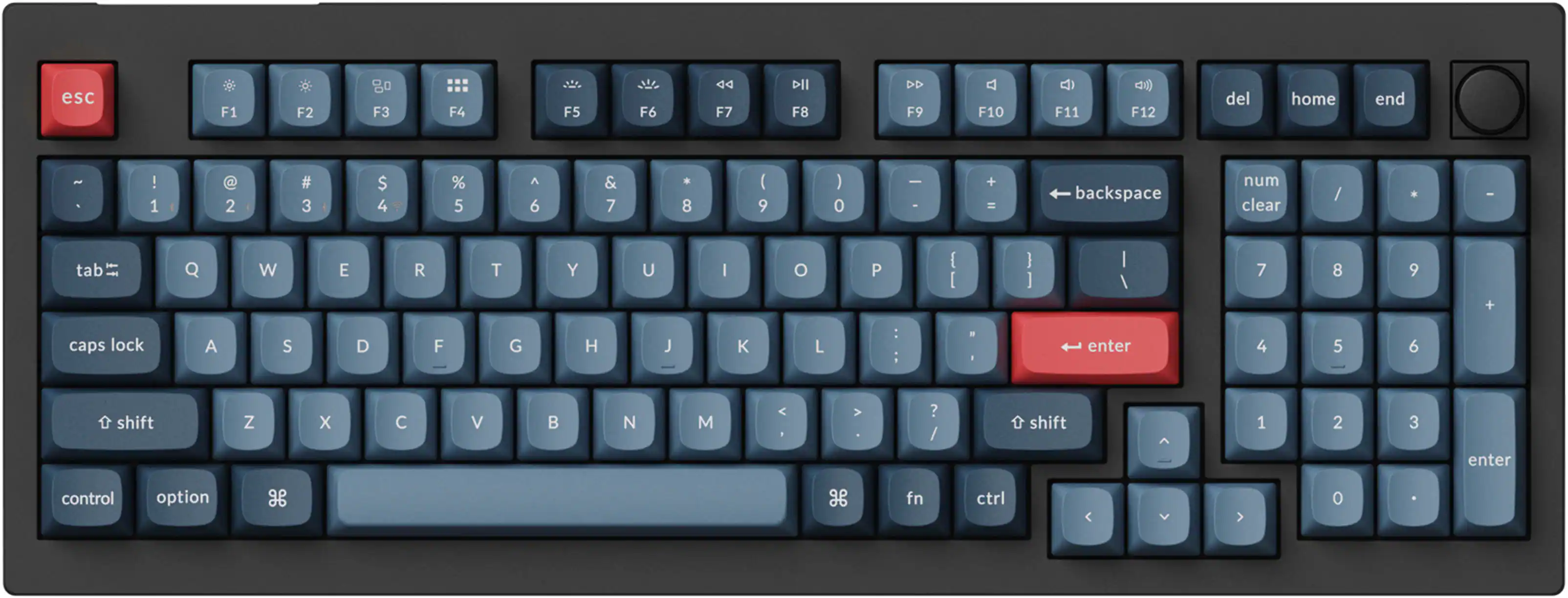The image shows a blue and black keyboard with a red dot on the F key. The keys are labeled with numbers and symbols, including the numbers 1 through 9, the symbols +, -, and =, and the letters Q, W, E, R, T, Y, U, I, O, P, J, K, L, and Z. The keyboard also has a red dot on the F key, which is likely a function key. The layout of the keyboard suggests that it is designed for a computer or other device that requires a numeric or symbol-based input system.