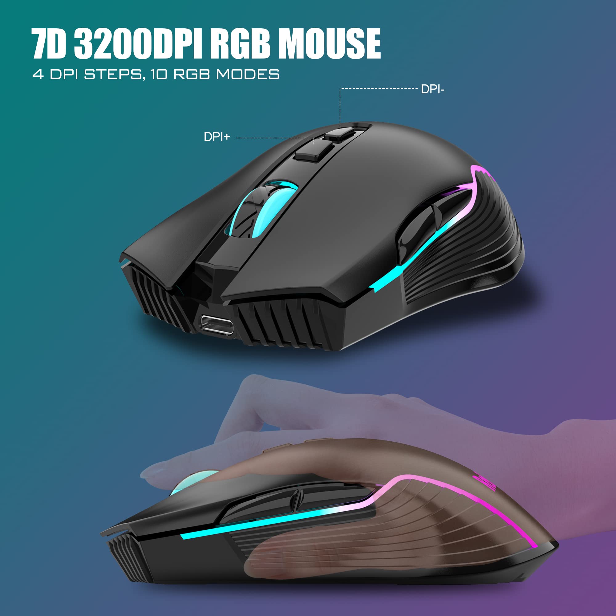 7D 3200DPI RGB MOUSE  
4 DPI STEPS, 10 RGB MODES  

DPI+  
DPI-