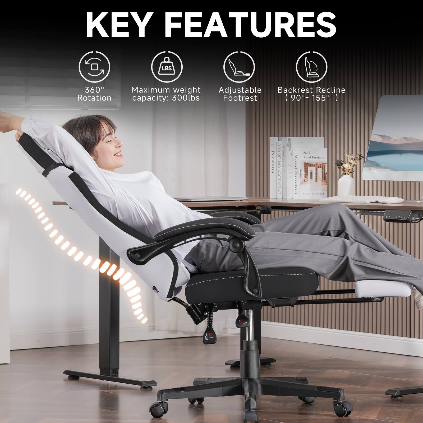 KEY FEATURES

- 360° Rotation
- Maximum weight capacity: 300lbs
- Adjustable Footrest
- Backrest Recline (90° - 155°)