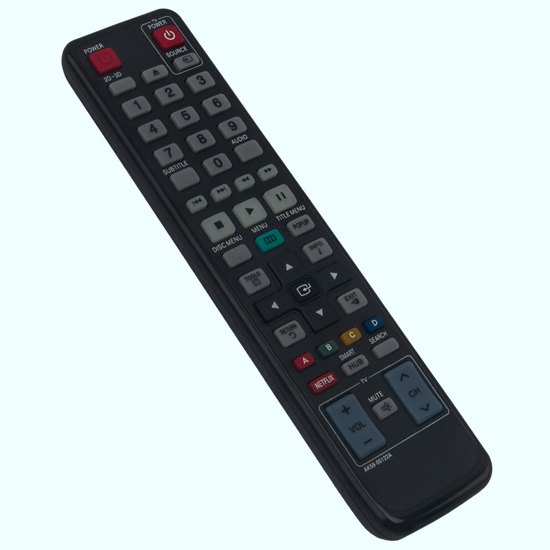 POWER  
2D-3D  
SOURCE  
1 2 3  
4 5 6  
7 8 9  
0  
AUDIO  
SUBTITLE  
TITLE MENU  
DISC MENU  
MENU  
POPUP  
INFO  
EXIT  
RETURN  
SEARCH  
SMART HUB  
NETFLIX  
TV  
MUTE  
CH  
VOL  
AKS99 00122A