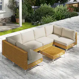 Outsunny - 7 Piece Wicker Patio Furniture Set, Modular Outdoor Sectional with Thickened Cushions - Khaki/Beige