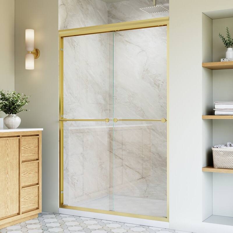 Angle. WELLFOR - 44-48 in. W x 72 in. H Framed Sliding Shower Door with 1/4 in. Clear Tempered Safety Glass,Reversible - Brushed Gold.