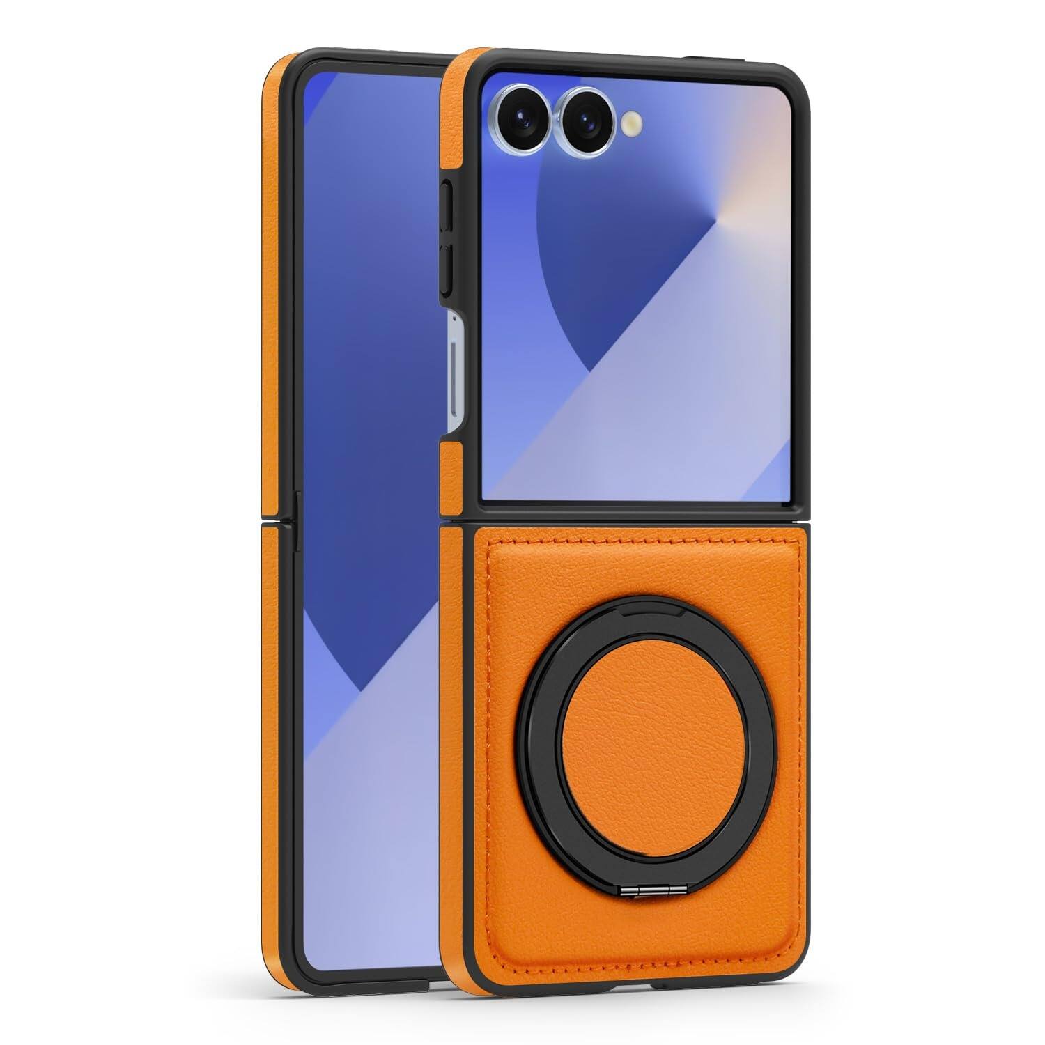 Angle. Dteck - Leather Case for Samsung Galaxy Z Flip 8,Shockproof Compatible with Mag Safe 360 Rotation Ring Kickstand Cover - Orange.
